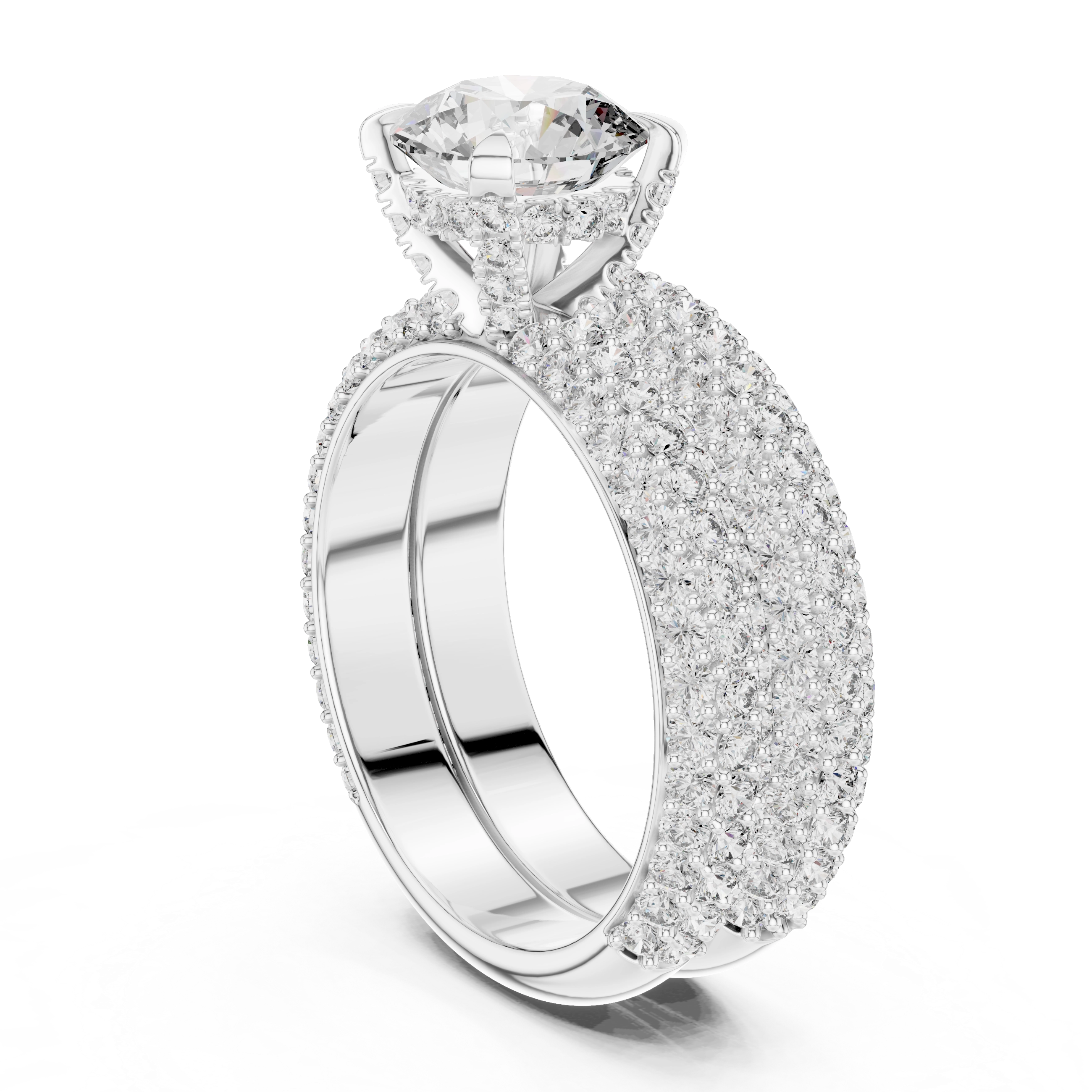 MJTW3 - Radiant Round Solitaire Triple Row Pavé Band Set