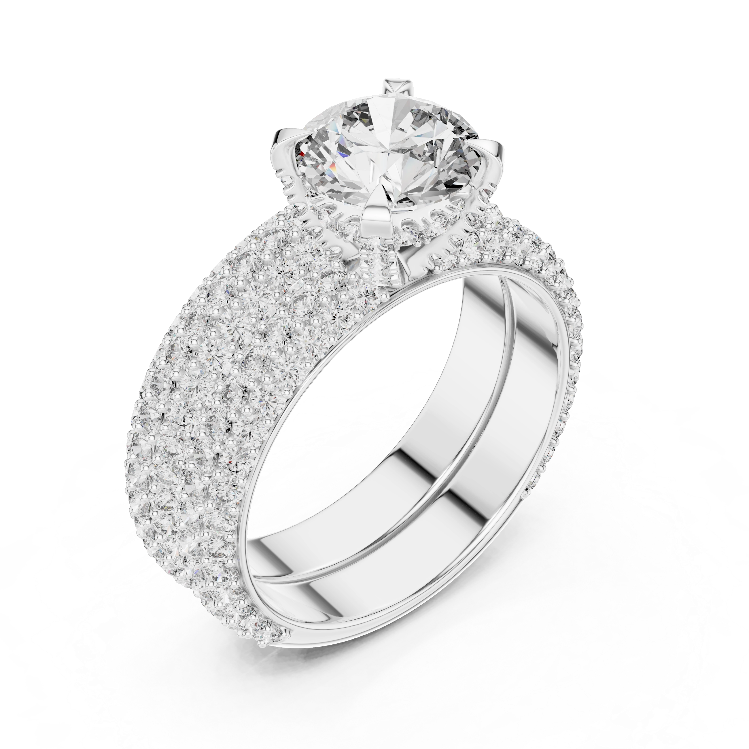 MJTW3 - Radiant Round Solitaire Triple Row Pavé Band Set