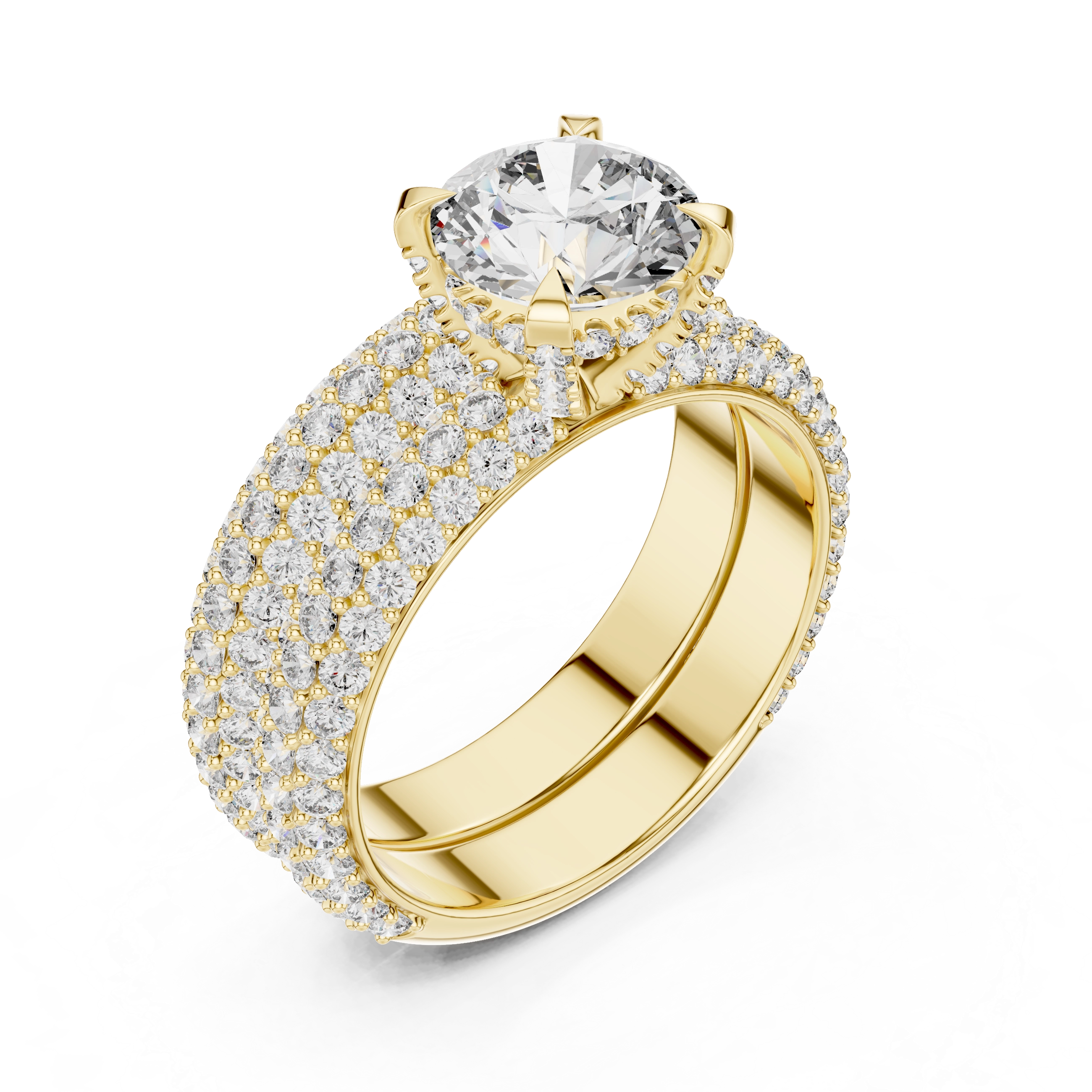 MJTW3 - Radiant Round Solitaire Triple Row Pavé Band Set