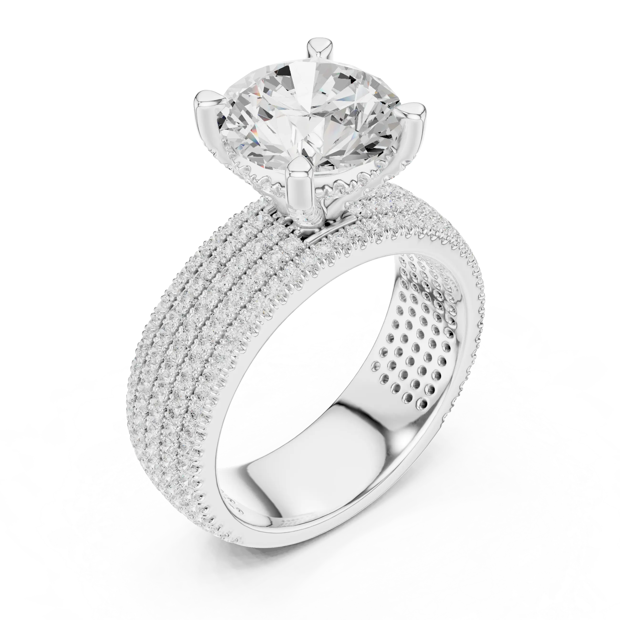 MJA017 - Round Cut Statement Ring with Four Row Pavé Band
