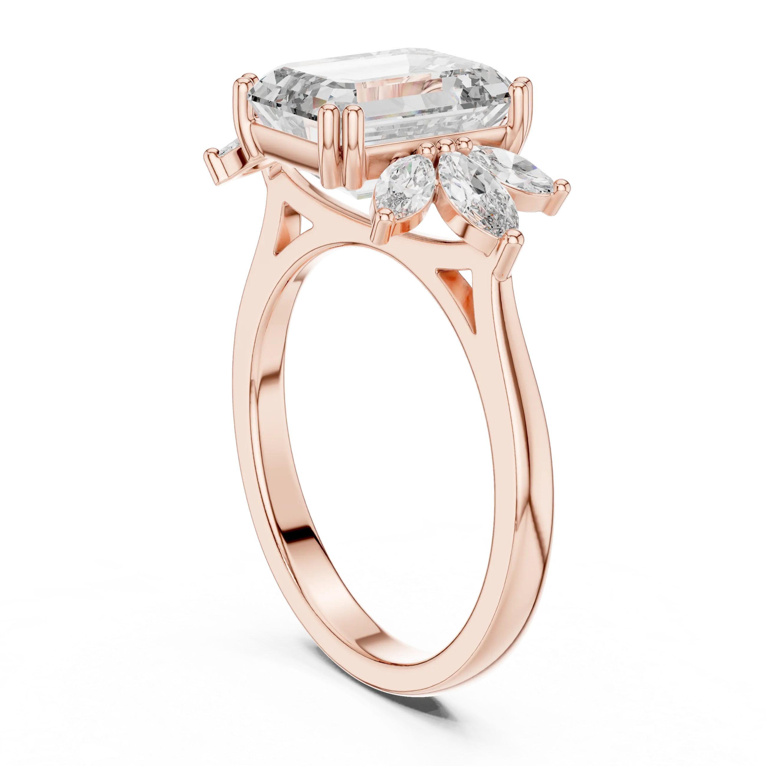 MJR0123 - Floral Cluster Emerald Cut Ring with Marquise Side Petals