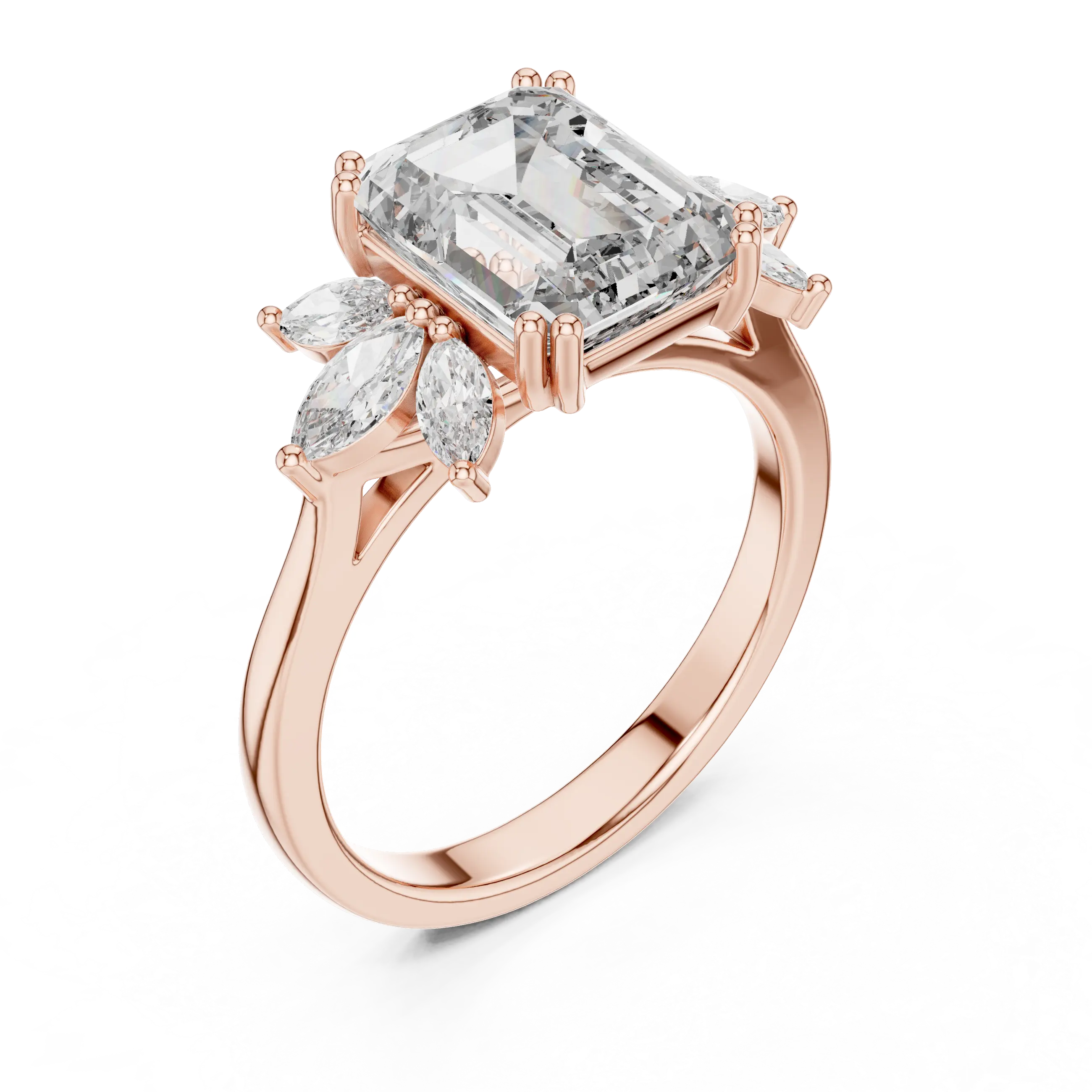MJR0123 - Floral Cluster Emerald Cut Ring with Marquise Side Petals