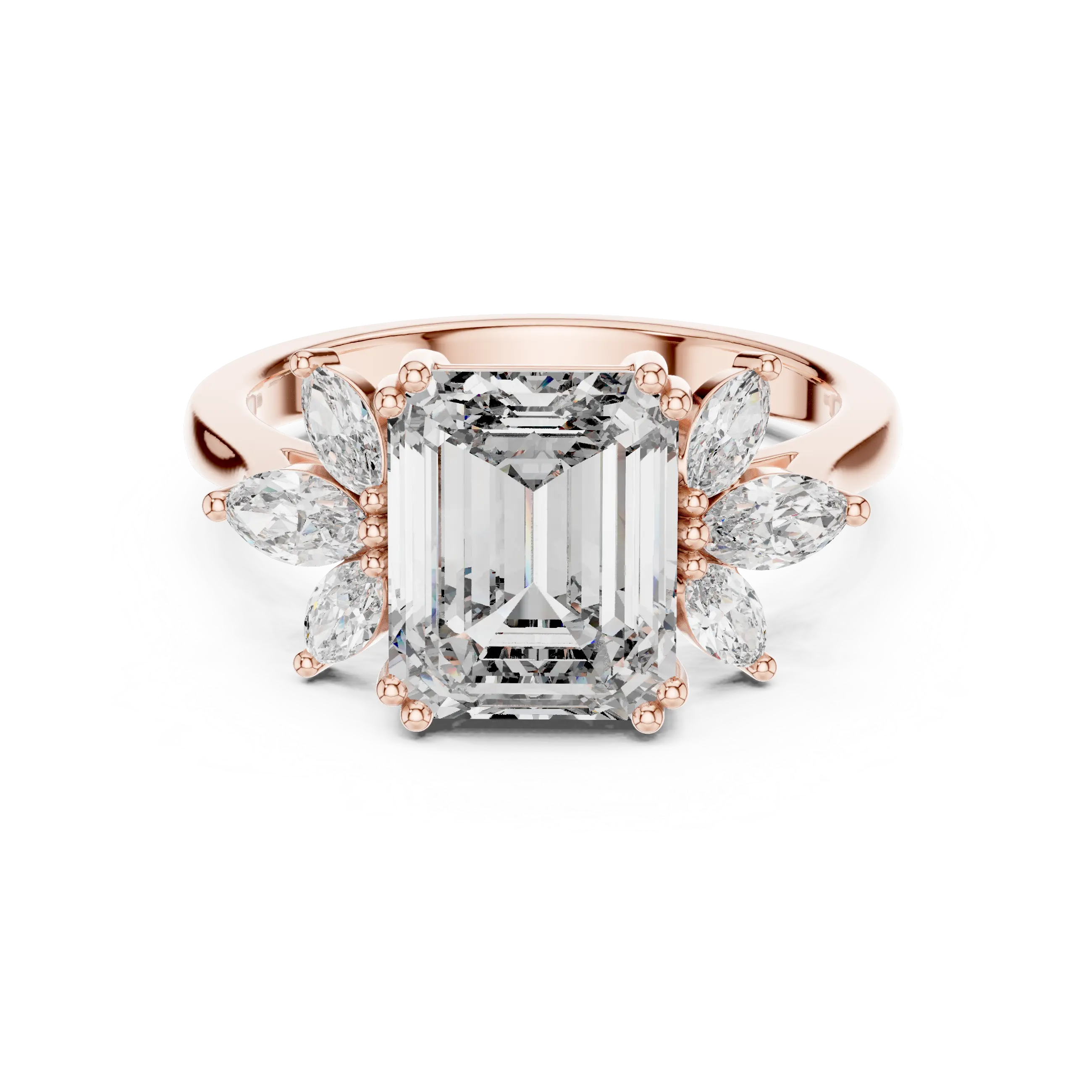 MJR0123 - Floral Cluster Emerald Cut Ring with Marquise Side Petals