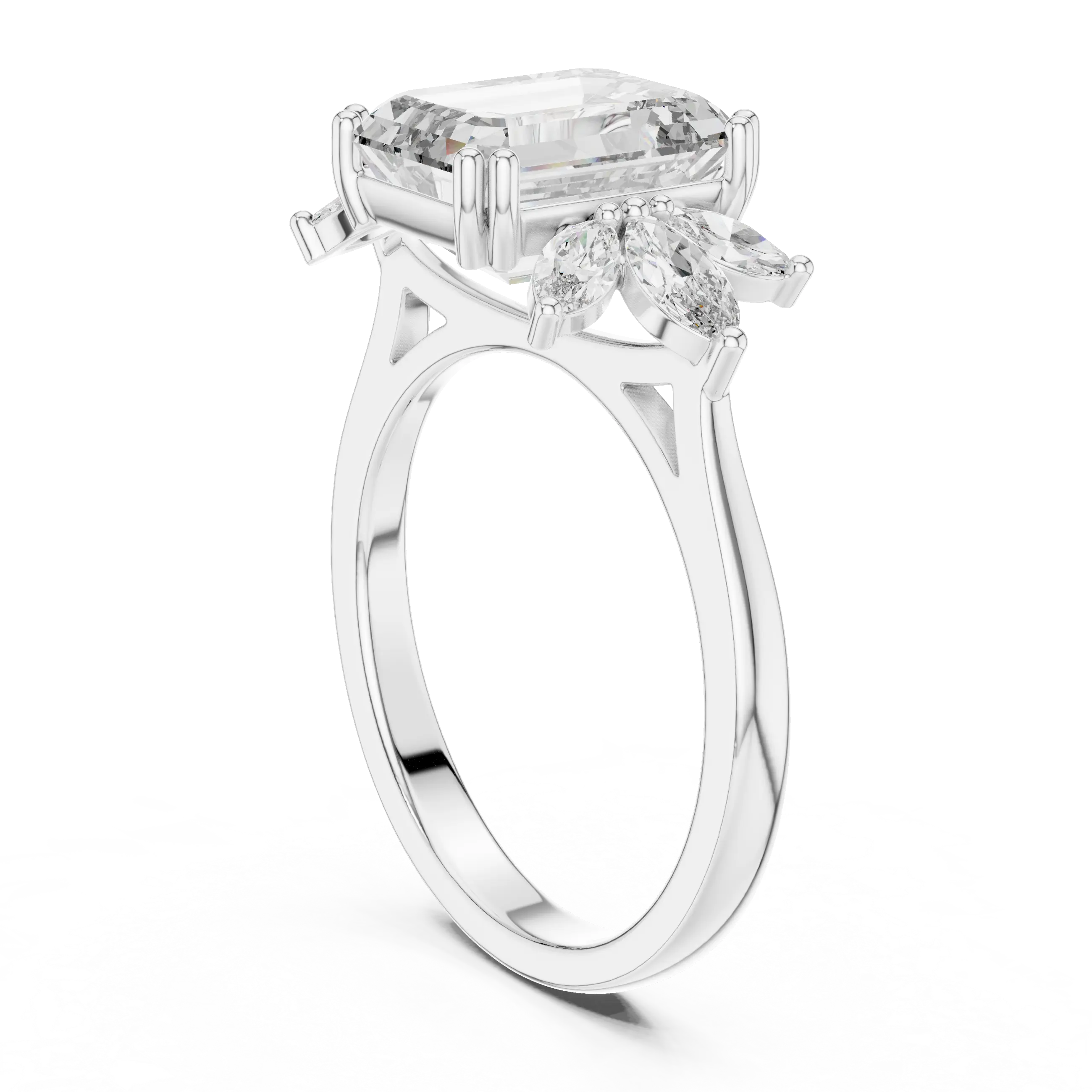 MJR0123 - Floral Cluster Emerald Cut Ring with Marquise Side Petals