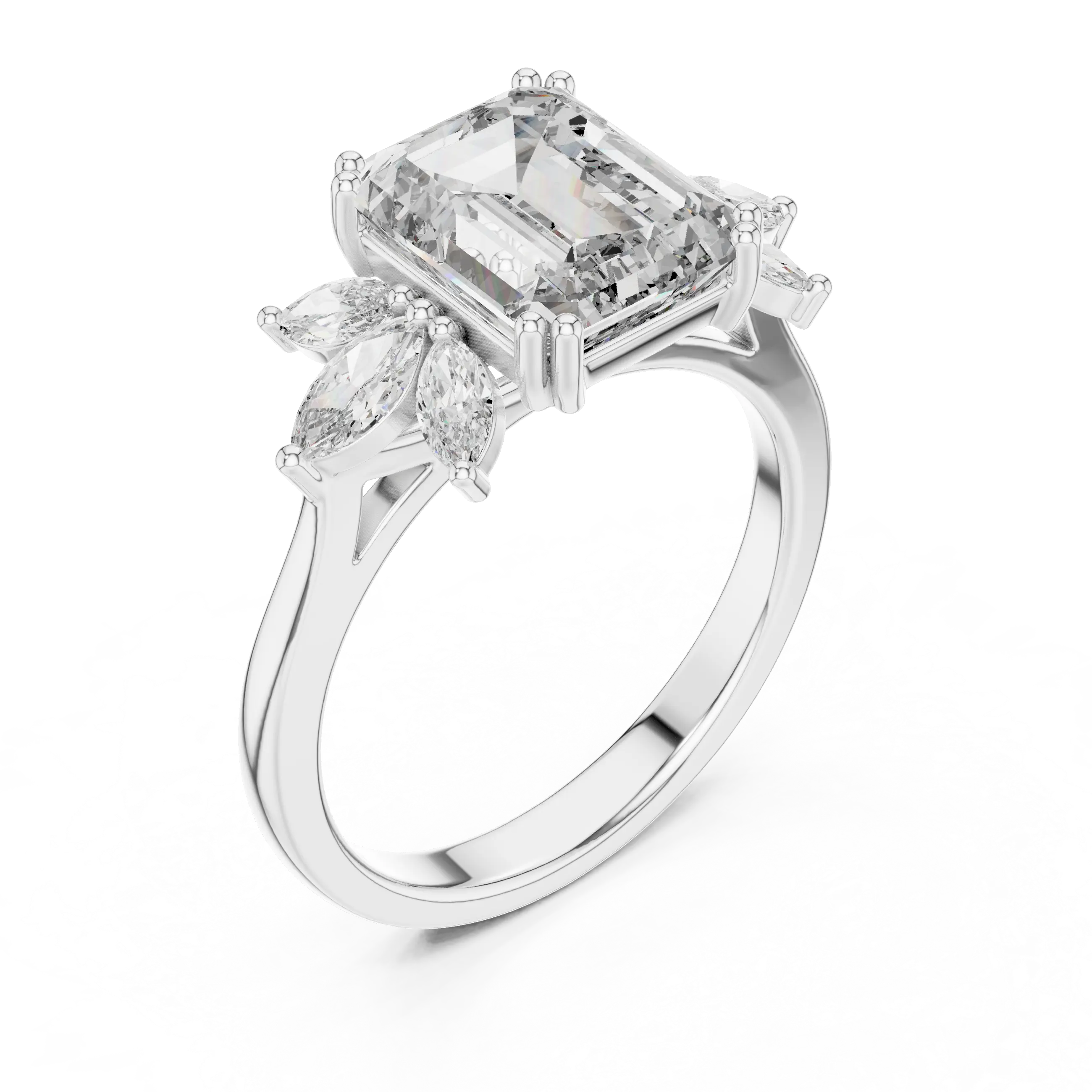 MJR0123 - Floral Cluster Emerald Cut Ring with Marquise Side Petals
