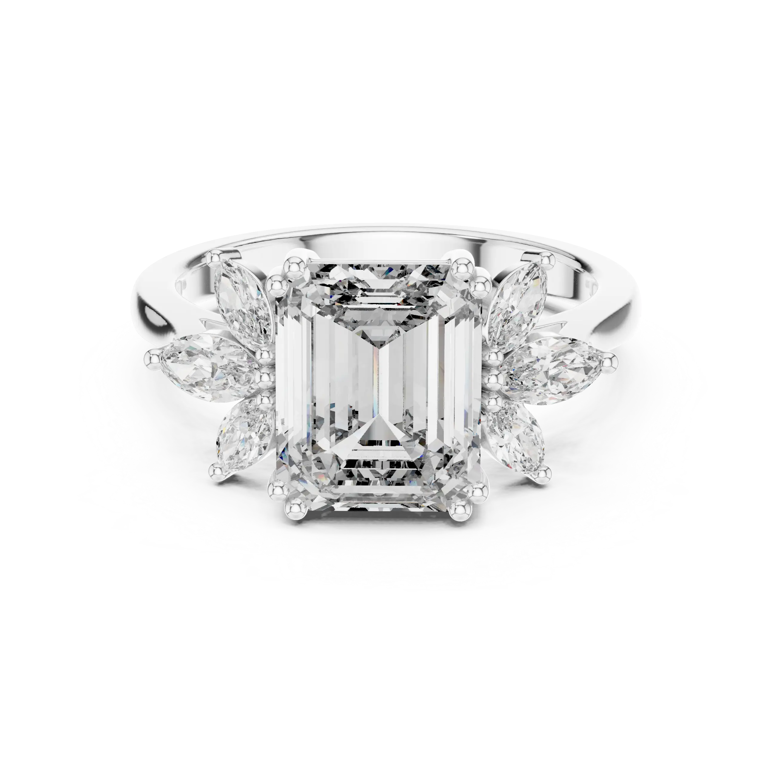MJR0123 - Floral Cluster Emerald Cut Ring with Marquise Side Petals