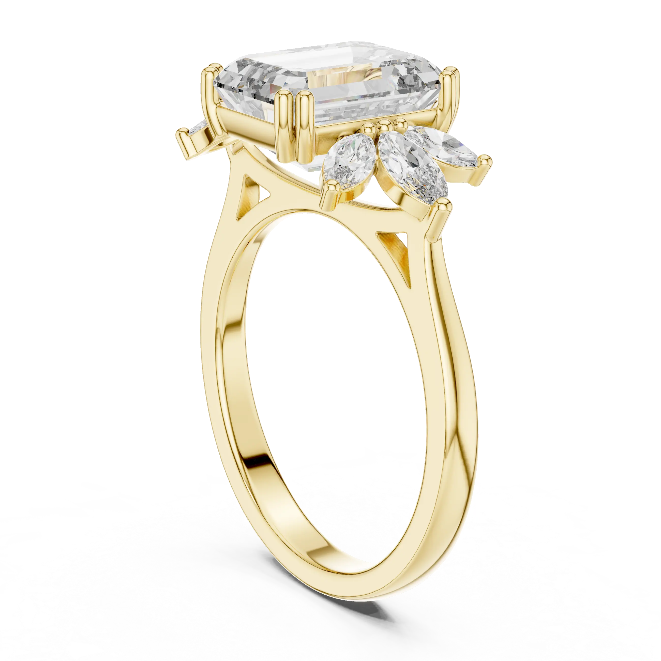 MJR0123 - Floral Cluster Emerald Cut Ring with Marquise Side Petals