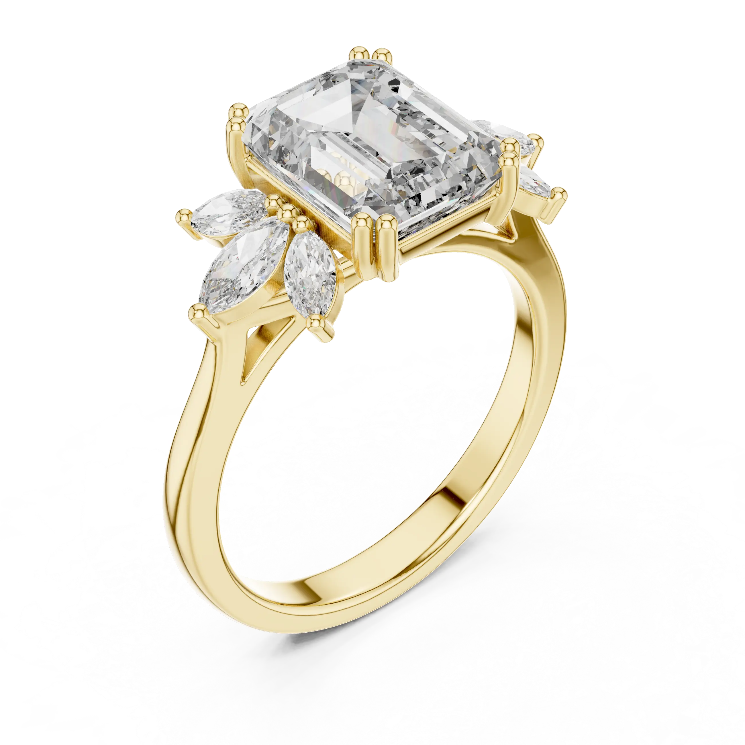 MJR0123 - Floral Cluster Emerald Cut Ring with Marquise Side Petals
