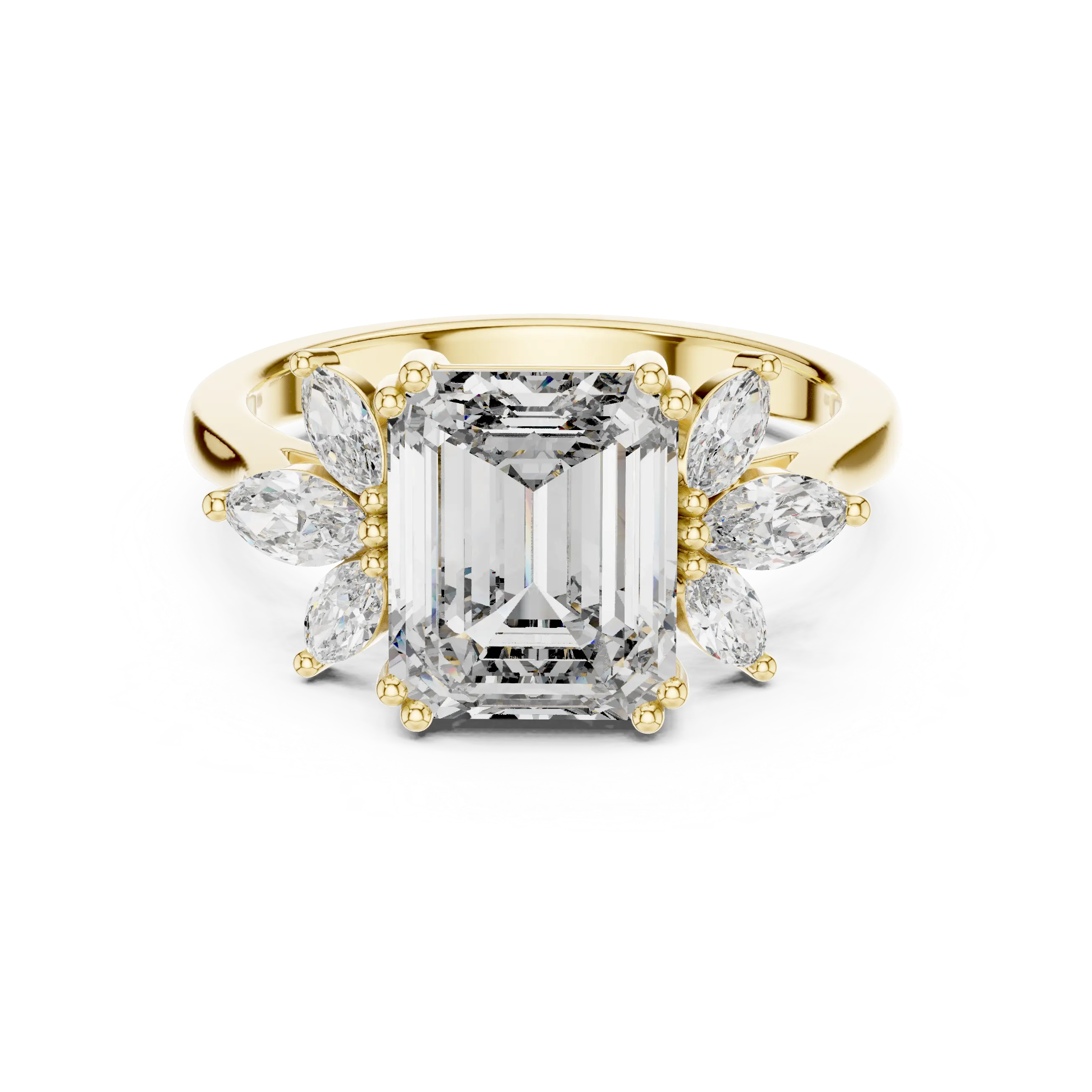 MJR0123 - Floral Cluster Emerald Cut Ring with Marquise Side Petals