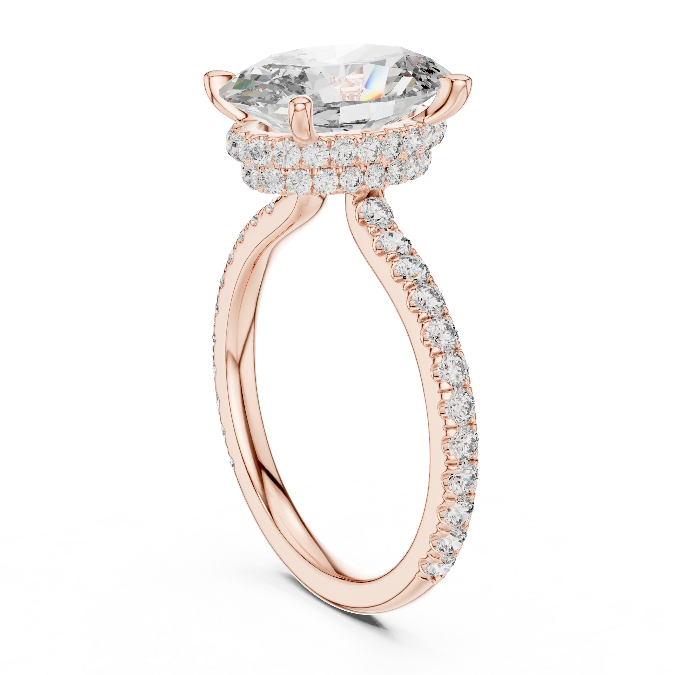 MJR0114 -Double Hidden Halo Oval Solitaire Ring with Pavé Band