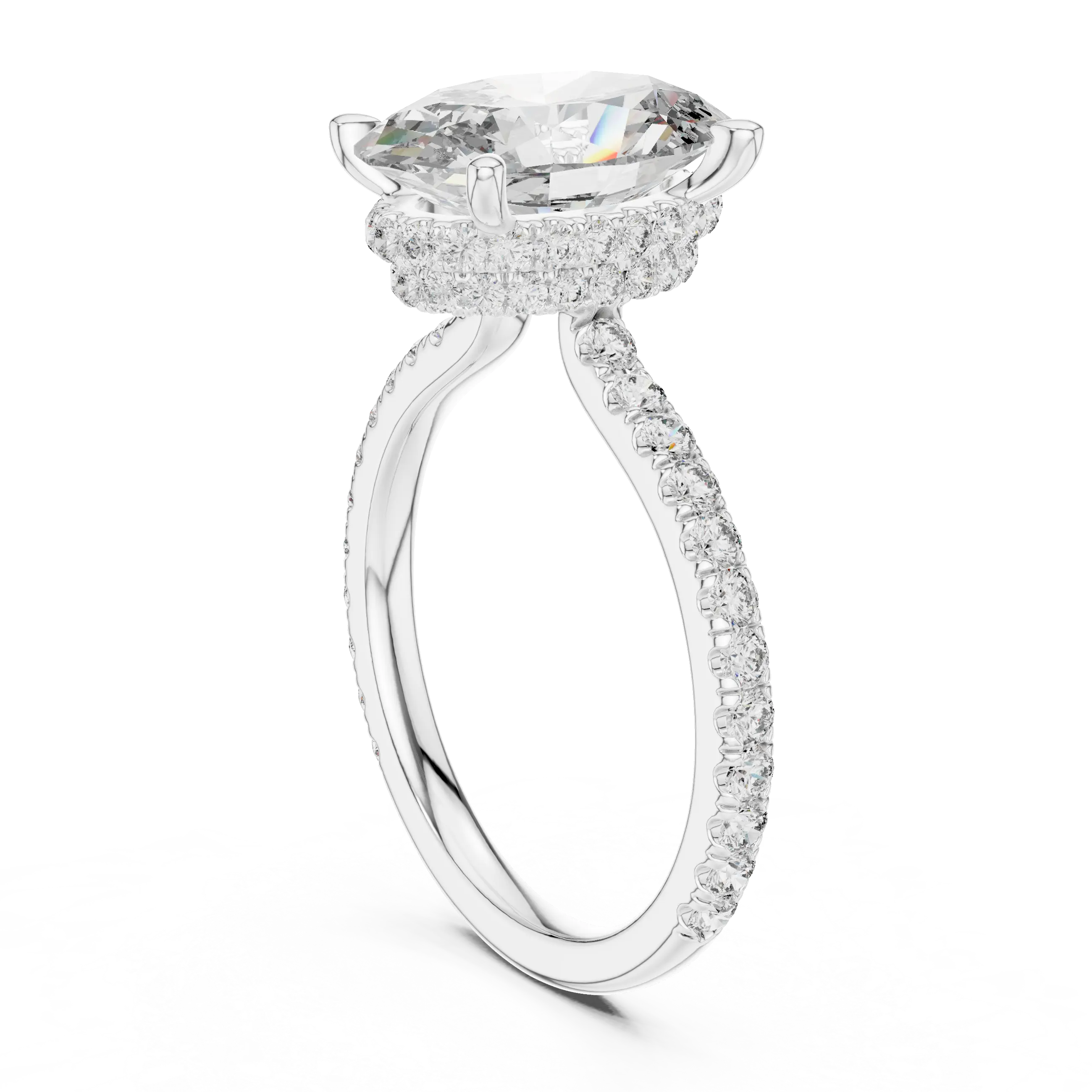 MJR0114 -Double Hidden Halo Oval Solitaire Ring with Pavé Band