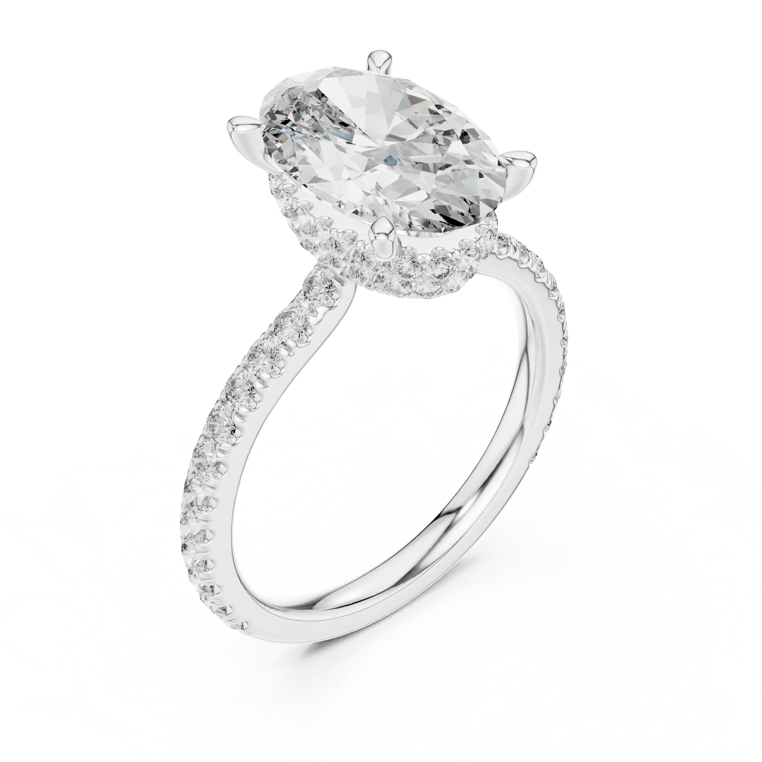 MJR0114 -Double Hidden Halo Oval Solitaire Ring with Pavé Band