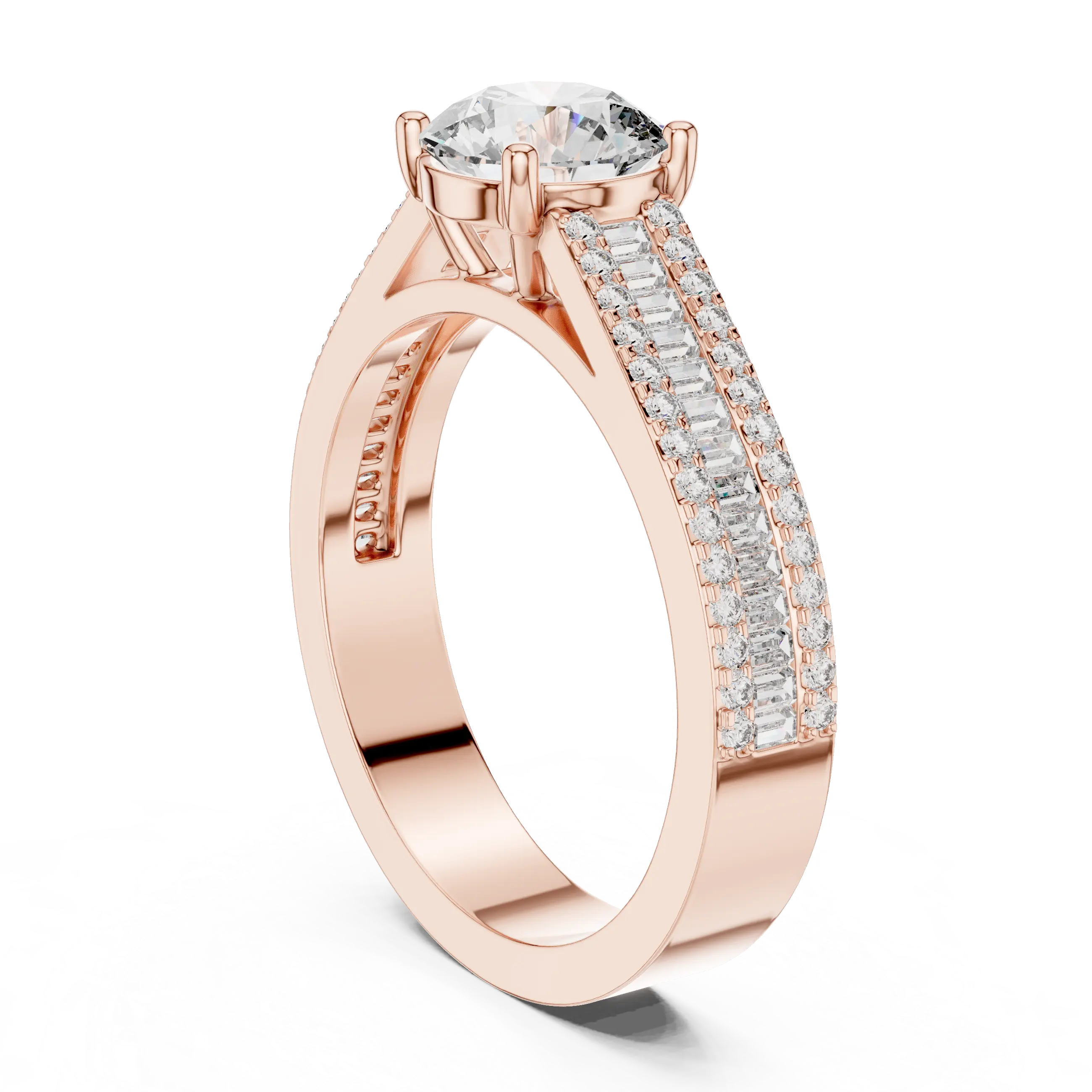 MJR0152 - Round Center Ring with Baguette Channel and Pavé Edges