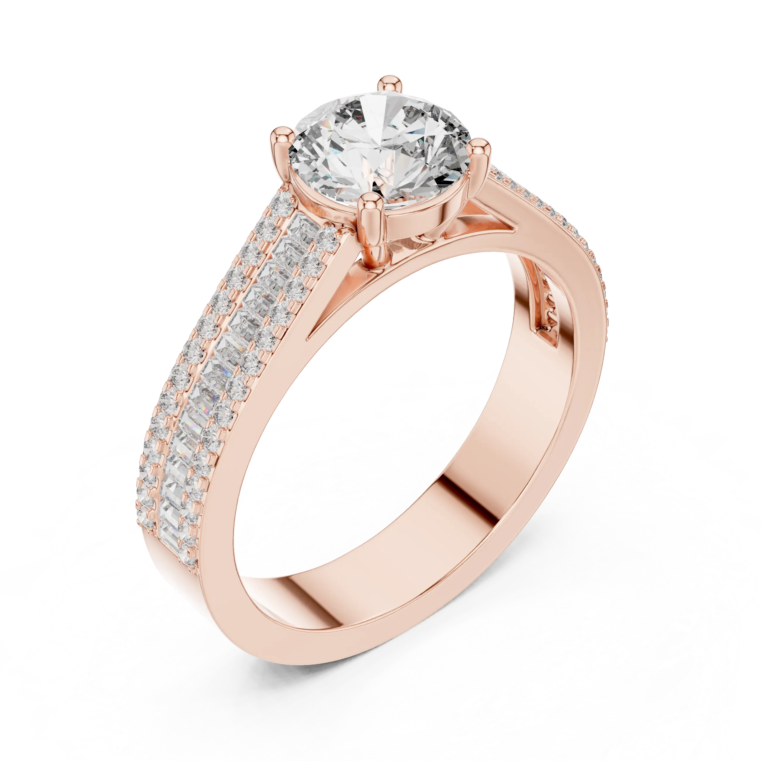 MJR0152 - Round Center Ring with Baguette Channel and Pavé Edges