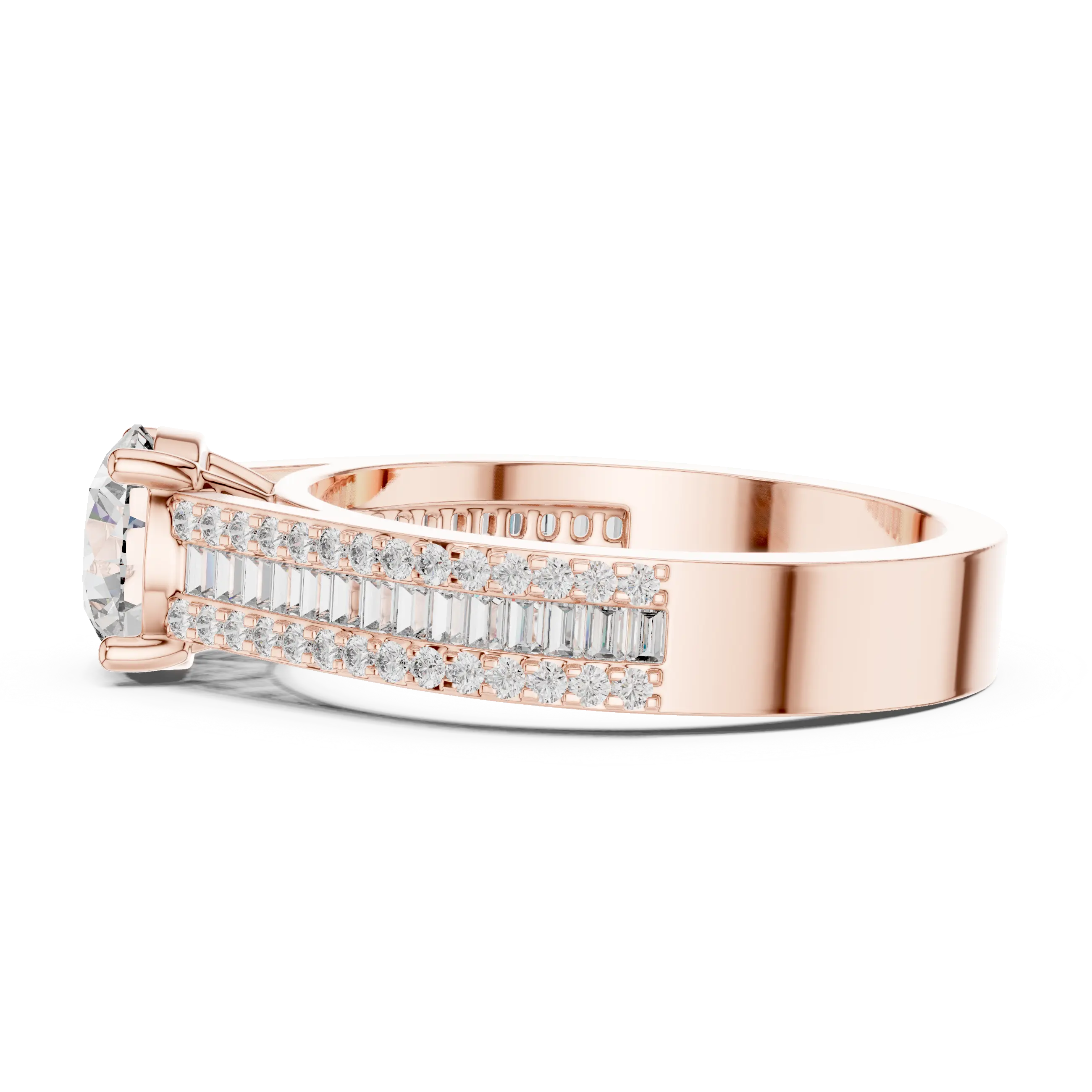 MJR0152 - Round Center Ring with Baguette Channel and Pavé Edges