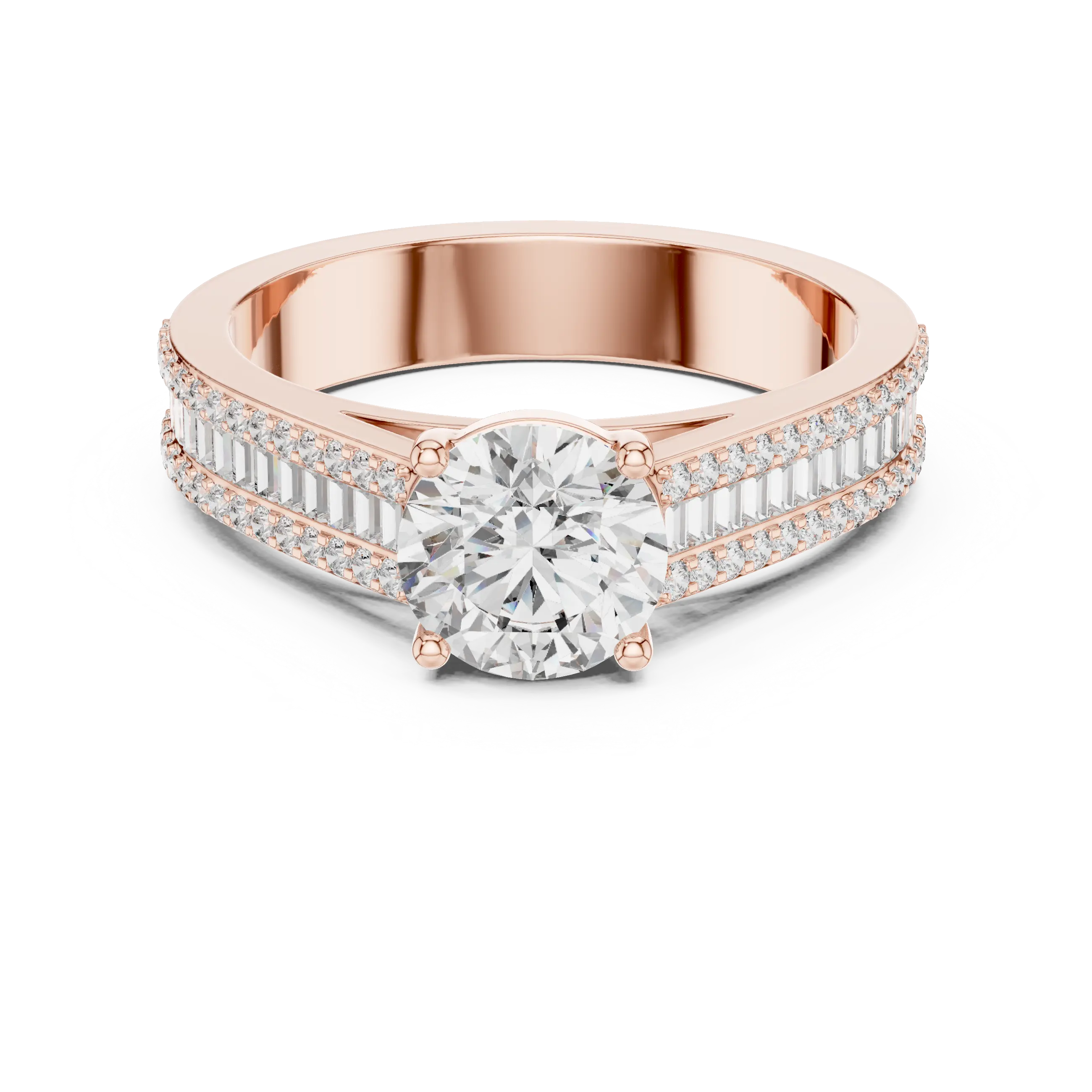 MJR0152 - Round Center Ring with Baguette Channel and Pavé Edges