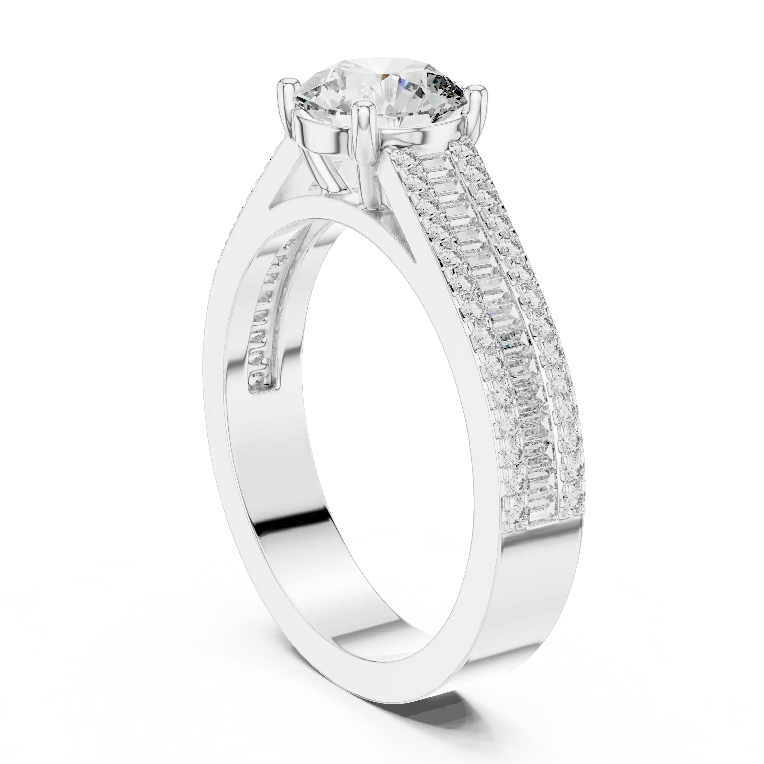 MJR0152 - Round Center Ring with Baguette Channel and Pavé Edges