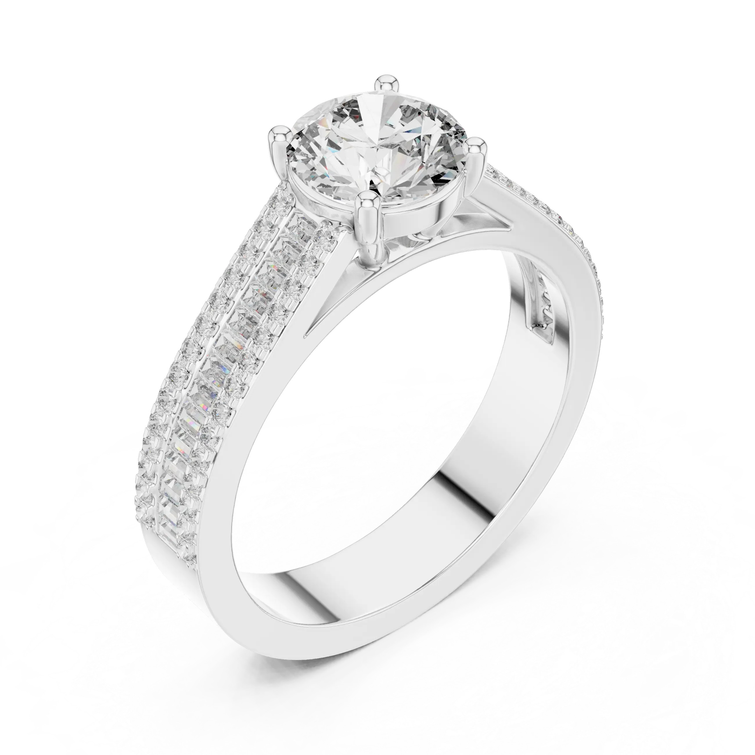MJR0152 - Round Center Ring with Baguette Channel and Pavé Edges