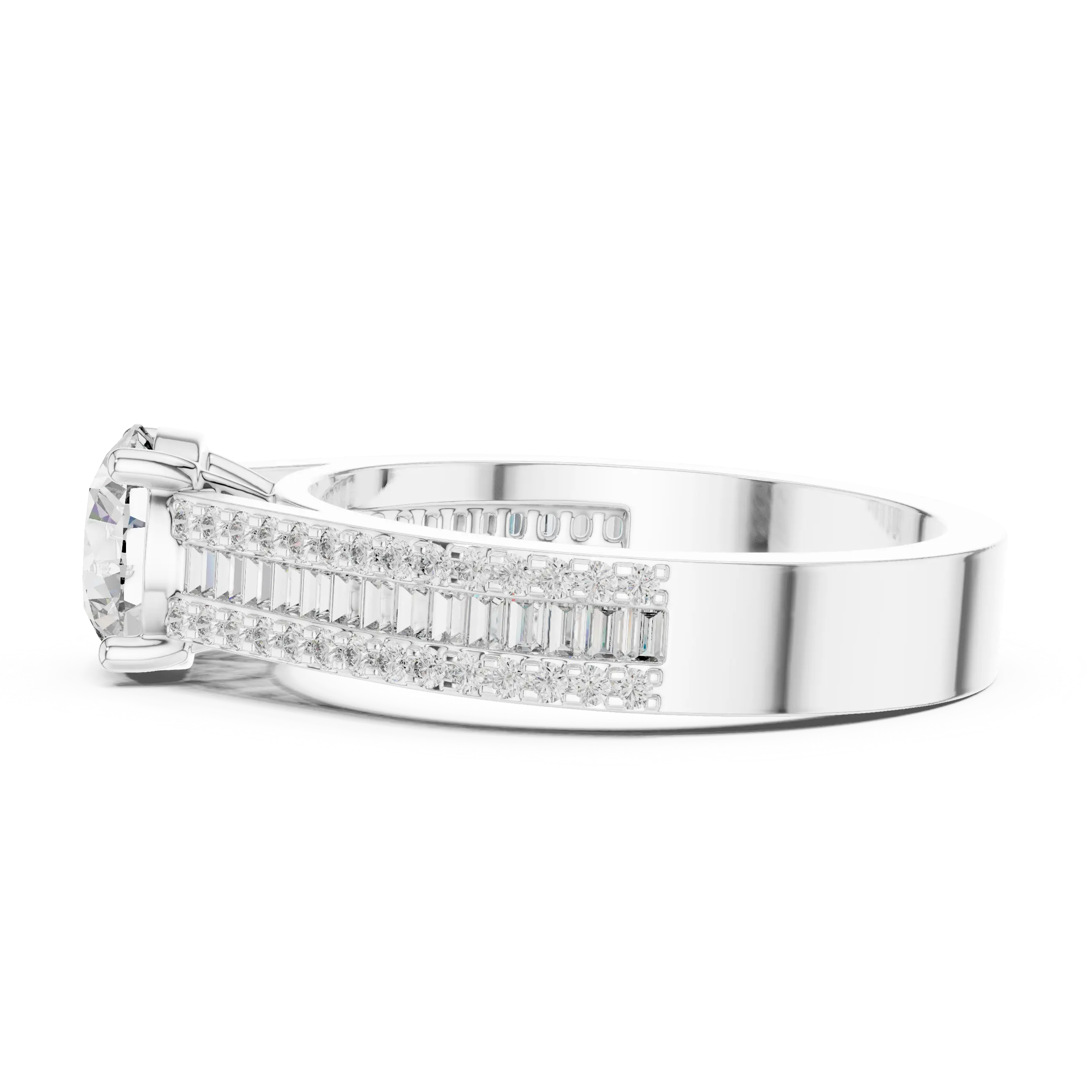 MJR0152 - Round Center Ring with Baguette Channel and Pavé Edges