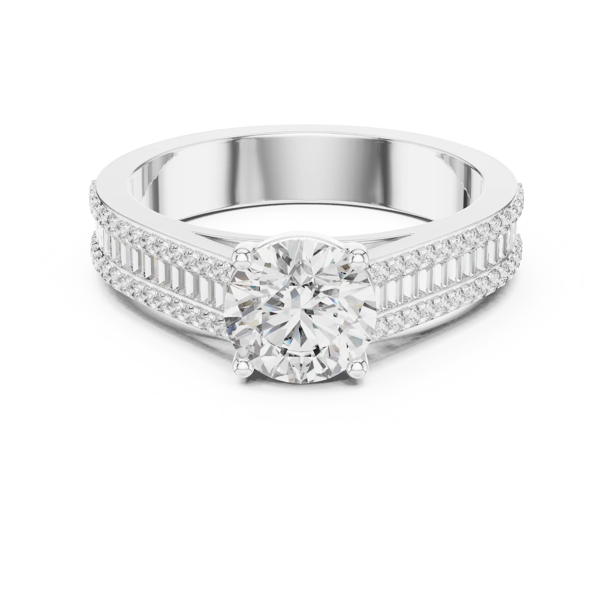 MJR0152 - Round Center Ring with Baguette Channel and Pavé Edges