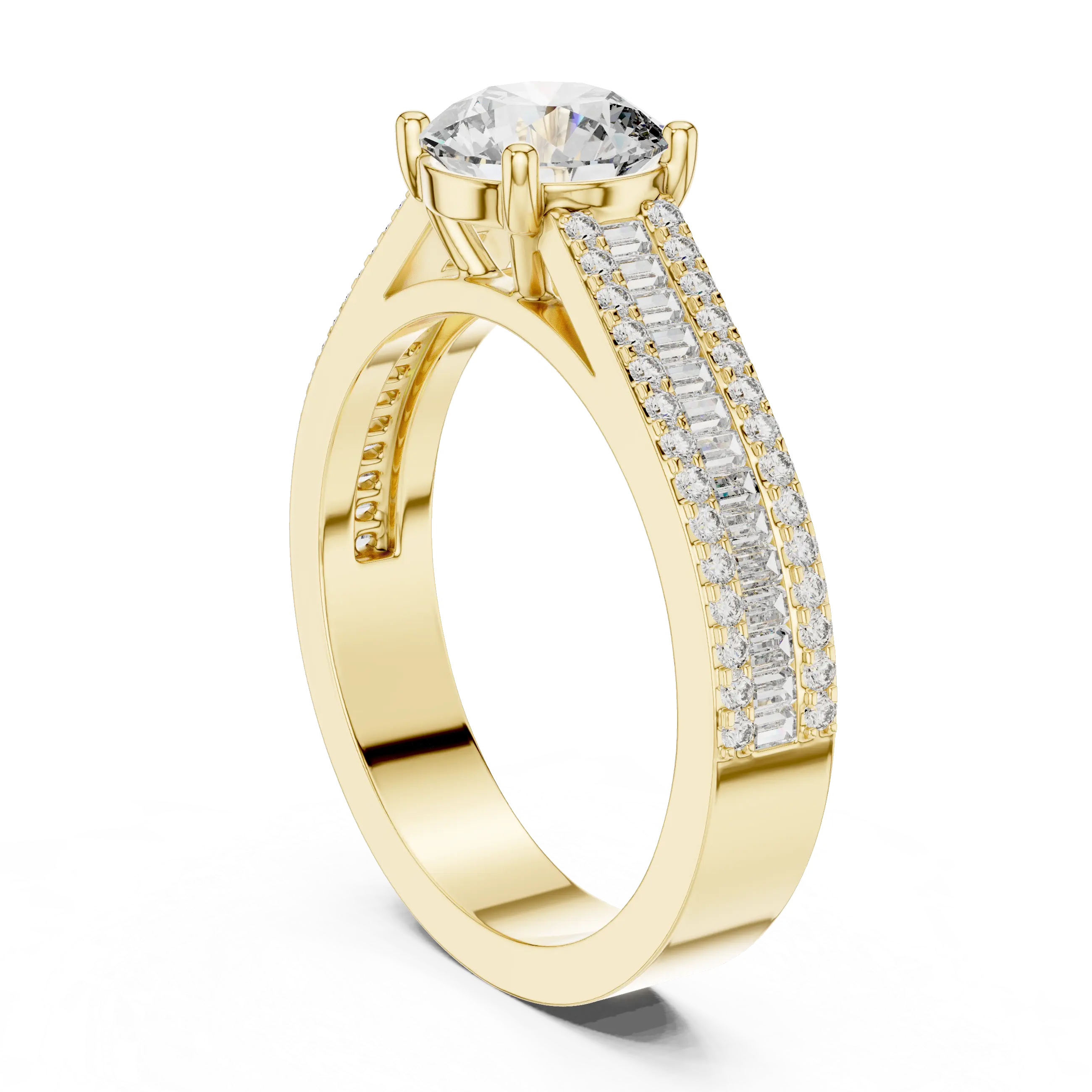 MJR0152 - Round Center Ring with Baguette Channel and Pavé Edges