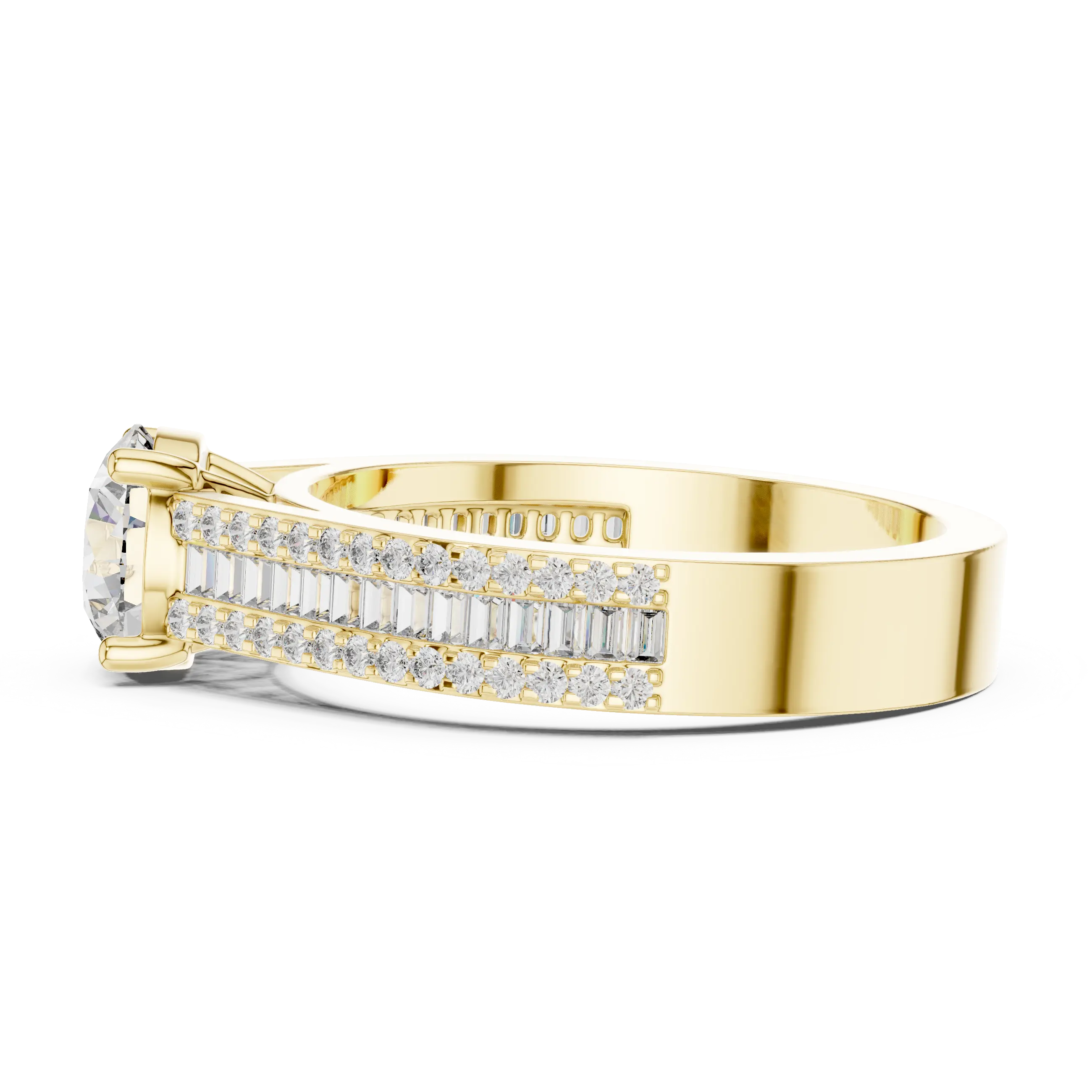 MJR0152 - Round Center Ring with Baguette Channel and Pavé Edges