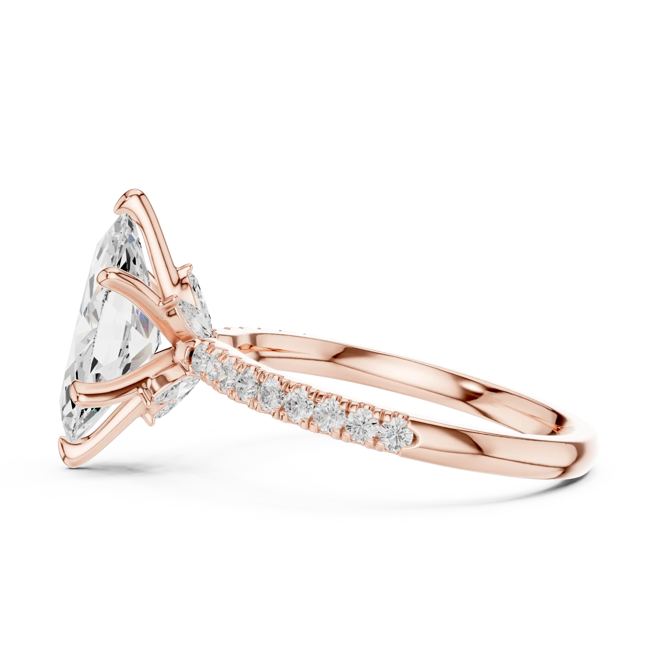 MJR0129 - Marquise Cut Solitaire Ring with Hidden Halo & Pavé Band