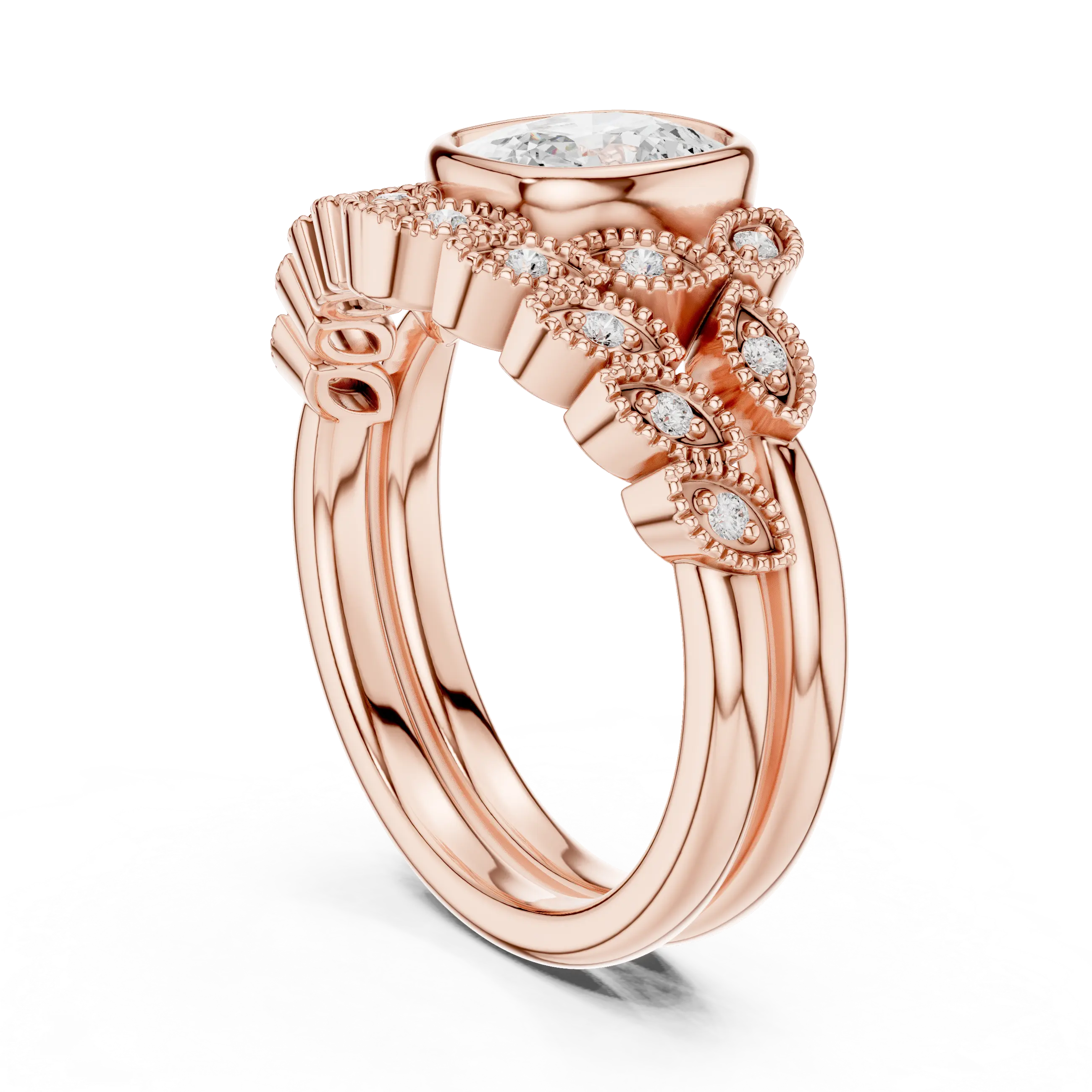MJTW8 - Cushion Cut Bezel Set Ring with Marquise Shape Tiara Band