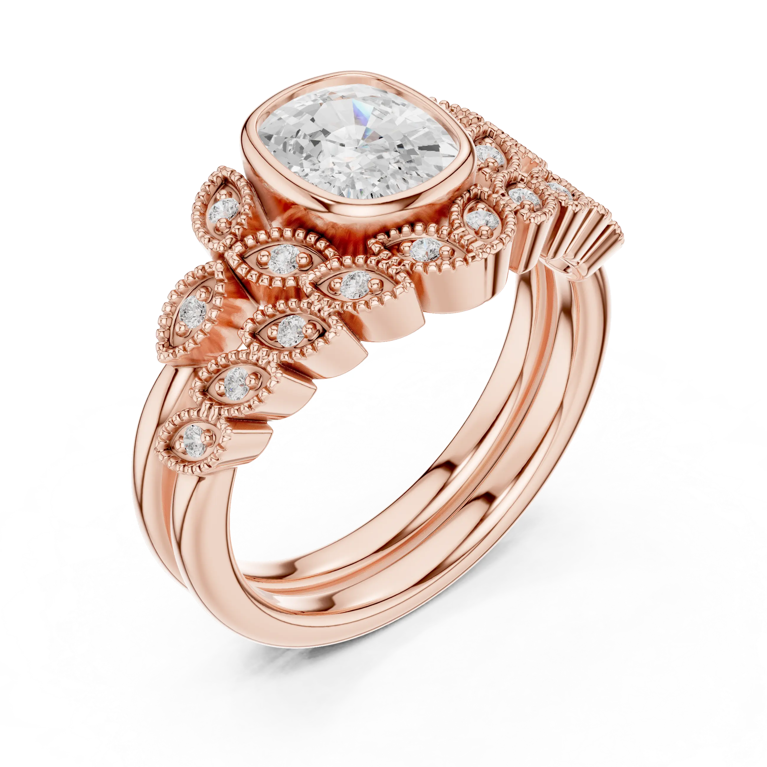 MJTW8 - Cushion Cut Bezel Set Ring with Marquise Shape Tiara Band