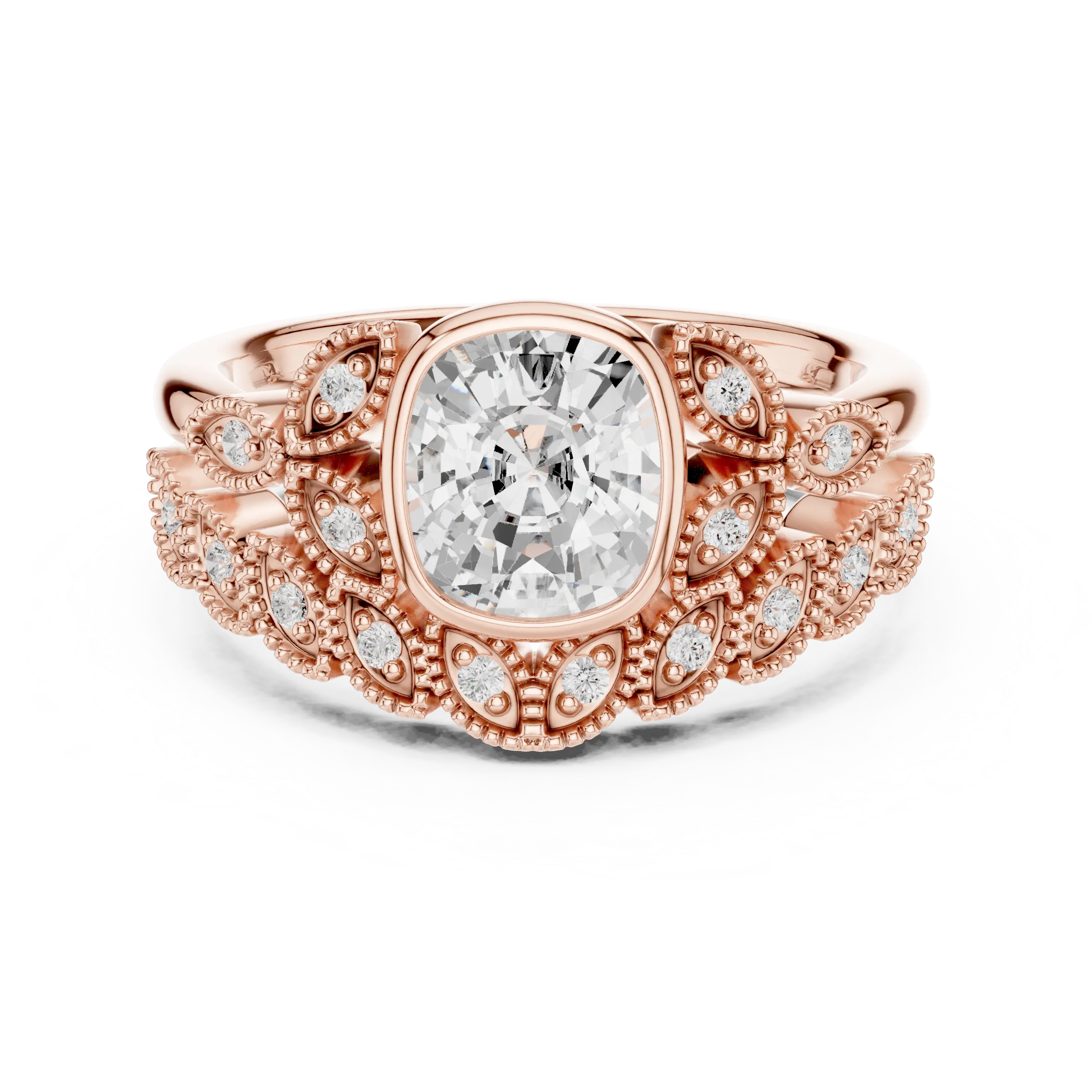 MJTW8 - Cushion Cut Bezel Set Ring with Marquise Shape Tiara Band