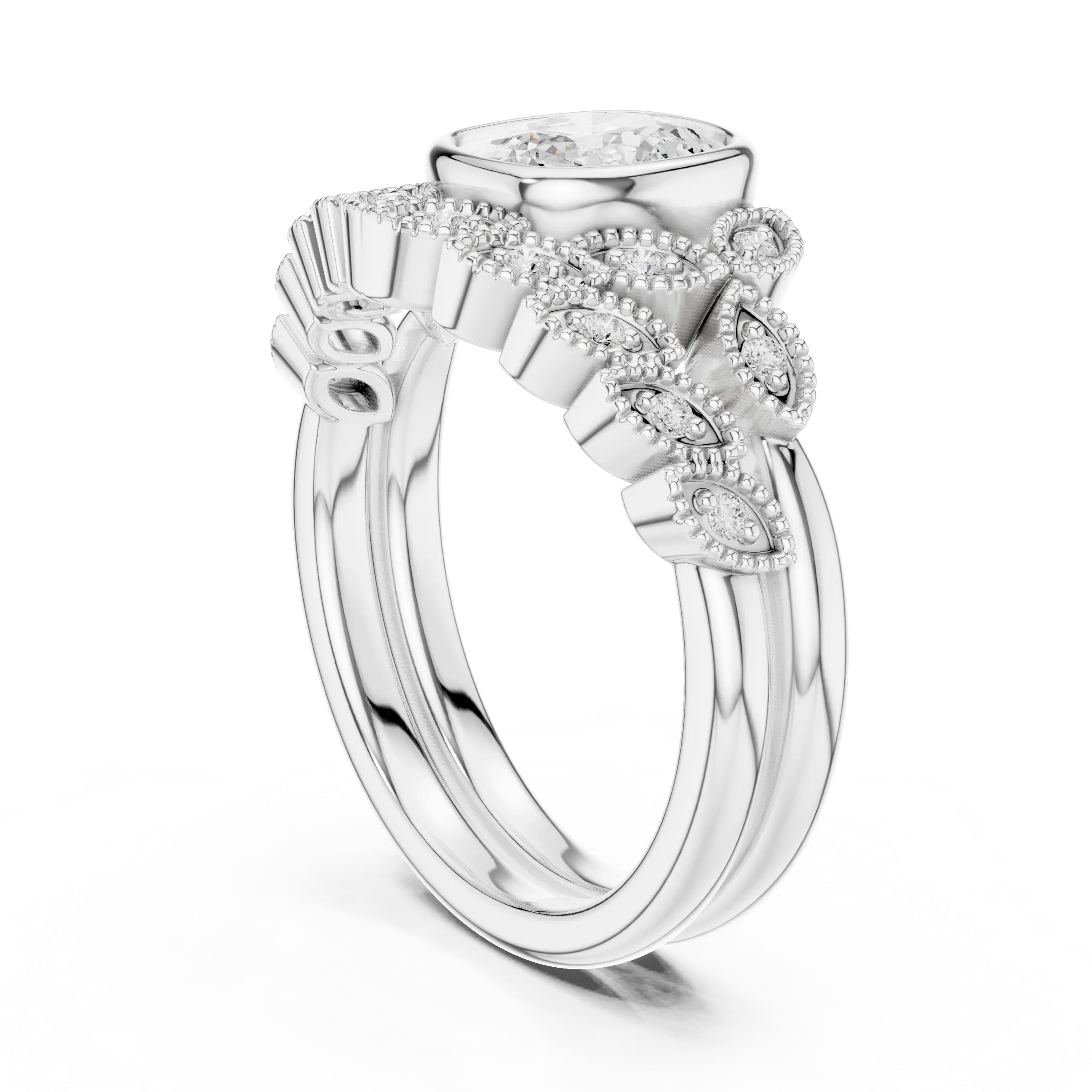 MJTW8 - Cushion Cut Bezel Set Ring with Marquise Shape Tiara Band