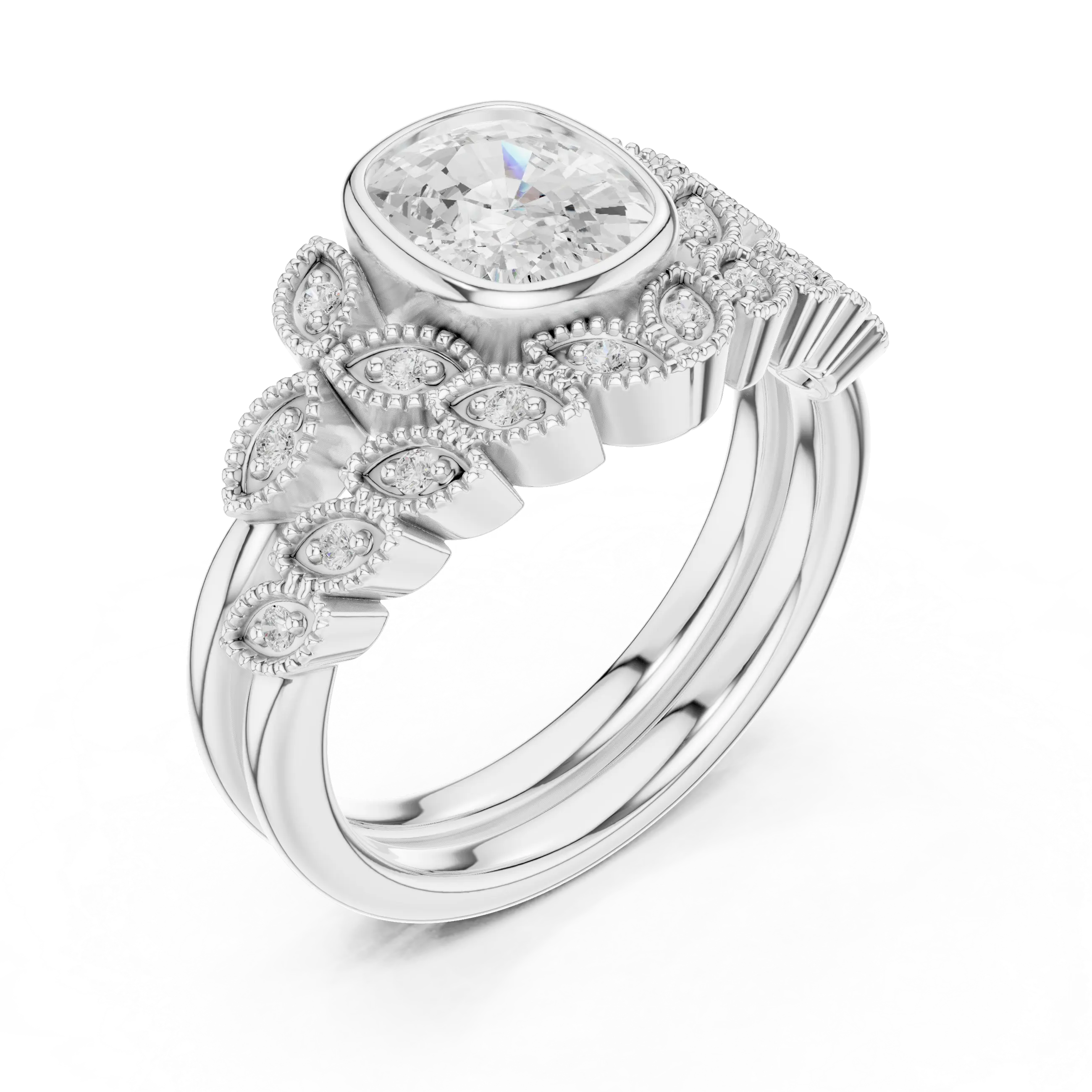 MJTW8 - Cushion Cut Bezel Set Ring with Marquise Shape Tiara Band