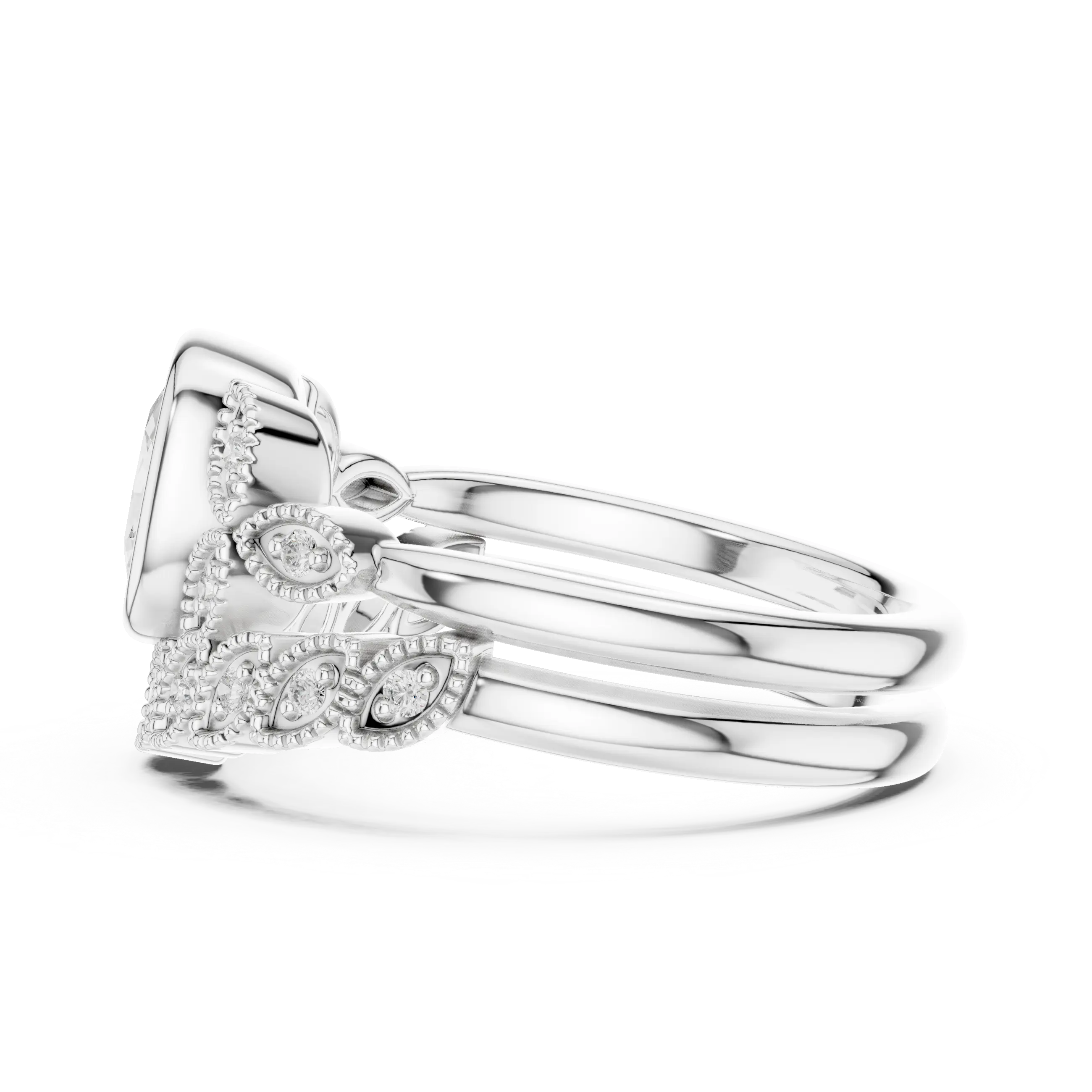 MJTW8 - Cushion Cut Bezel Set Ring with Marquise Shape Tiara Band
