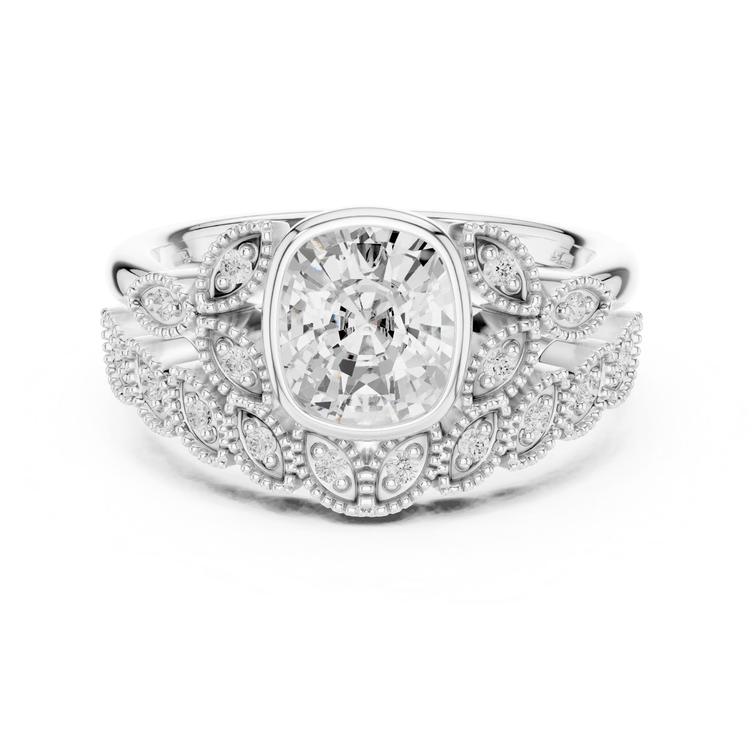 MJTW8 - Cushion Cut Bezel Set Ring with Marquise Shape Tiara Band