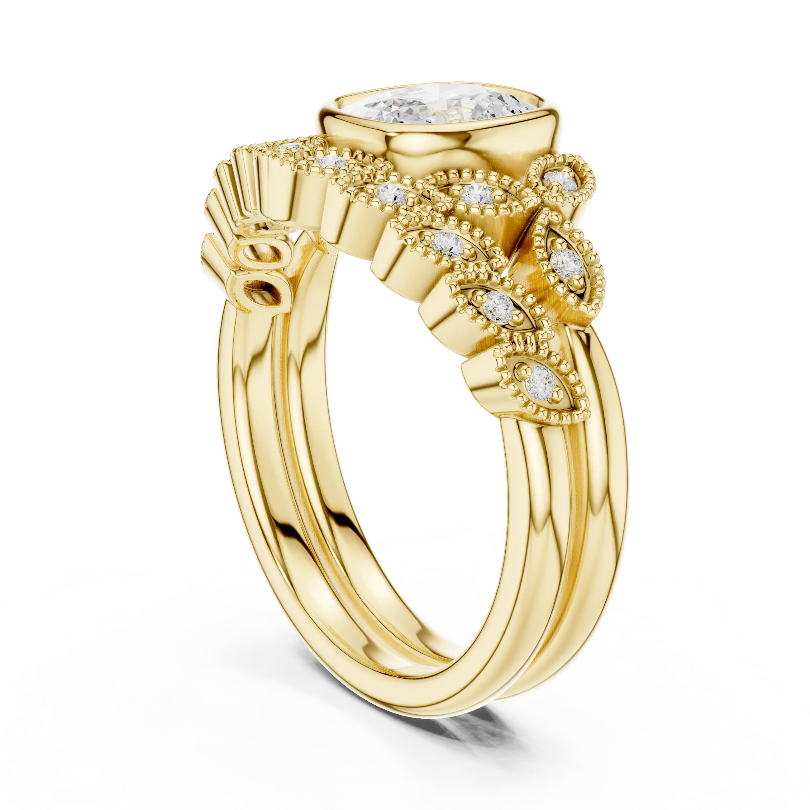 MJTW8 - Cushion Cut Bezel Set Ring with Marquise Shape Tiara Band