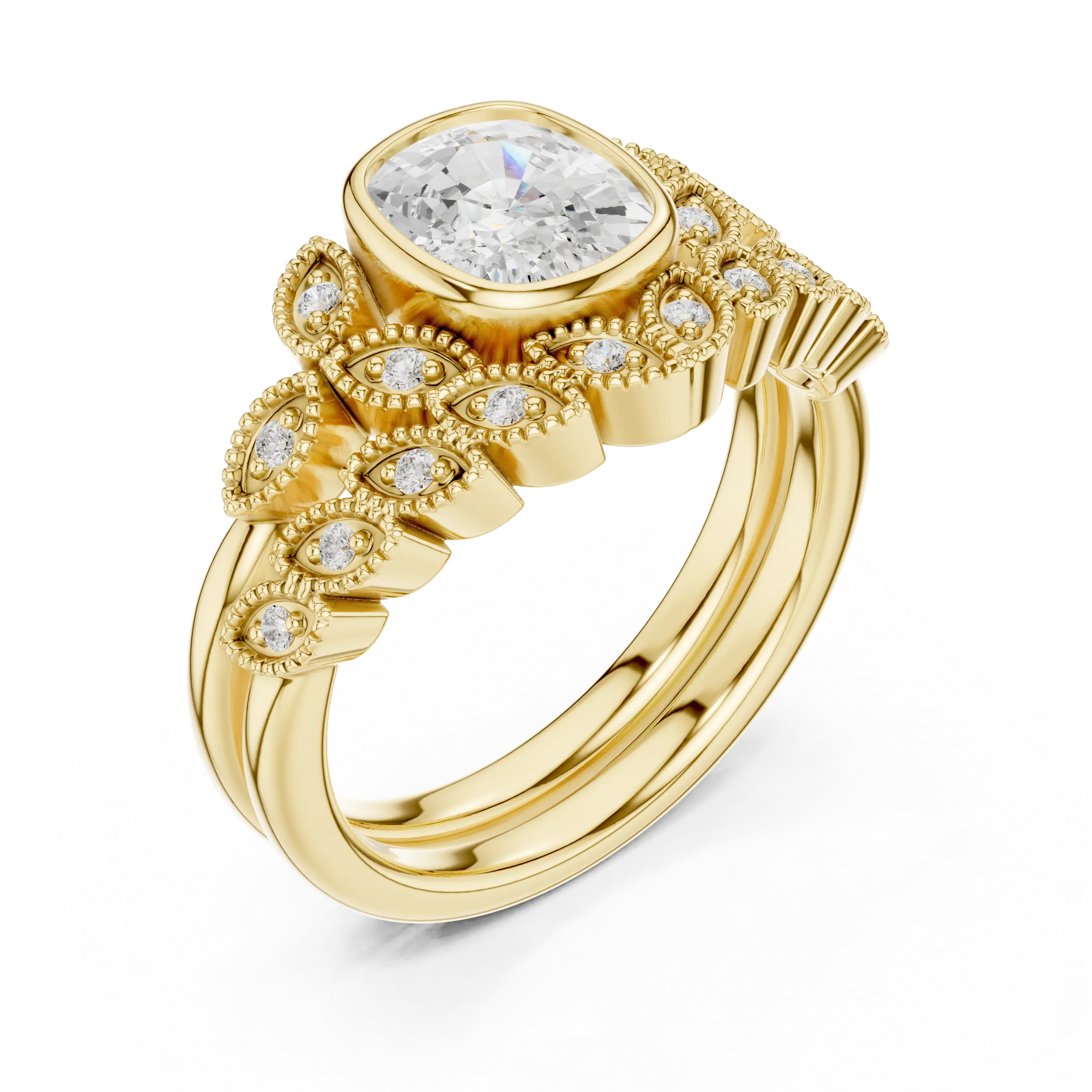 MJTW8 - Cushion Cut Bezel Set Ring with Marquise Shape Tiara Band