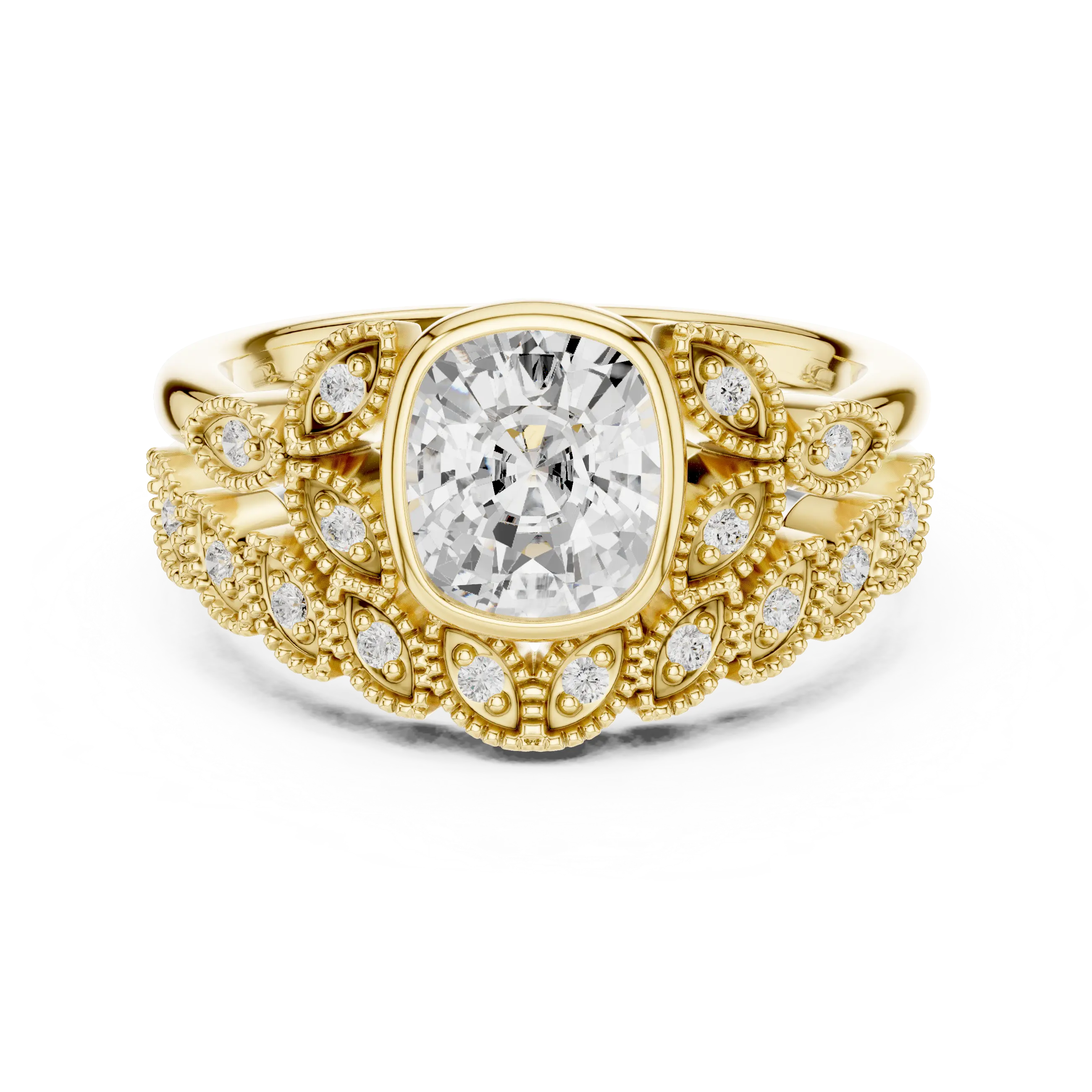 MJTW8 - Cushion Cut Bezel Set Ring with Marquise Shape Tiara Band