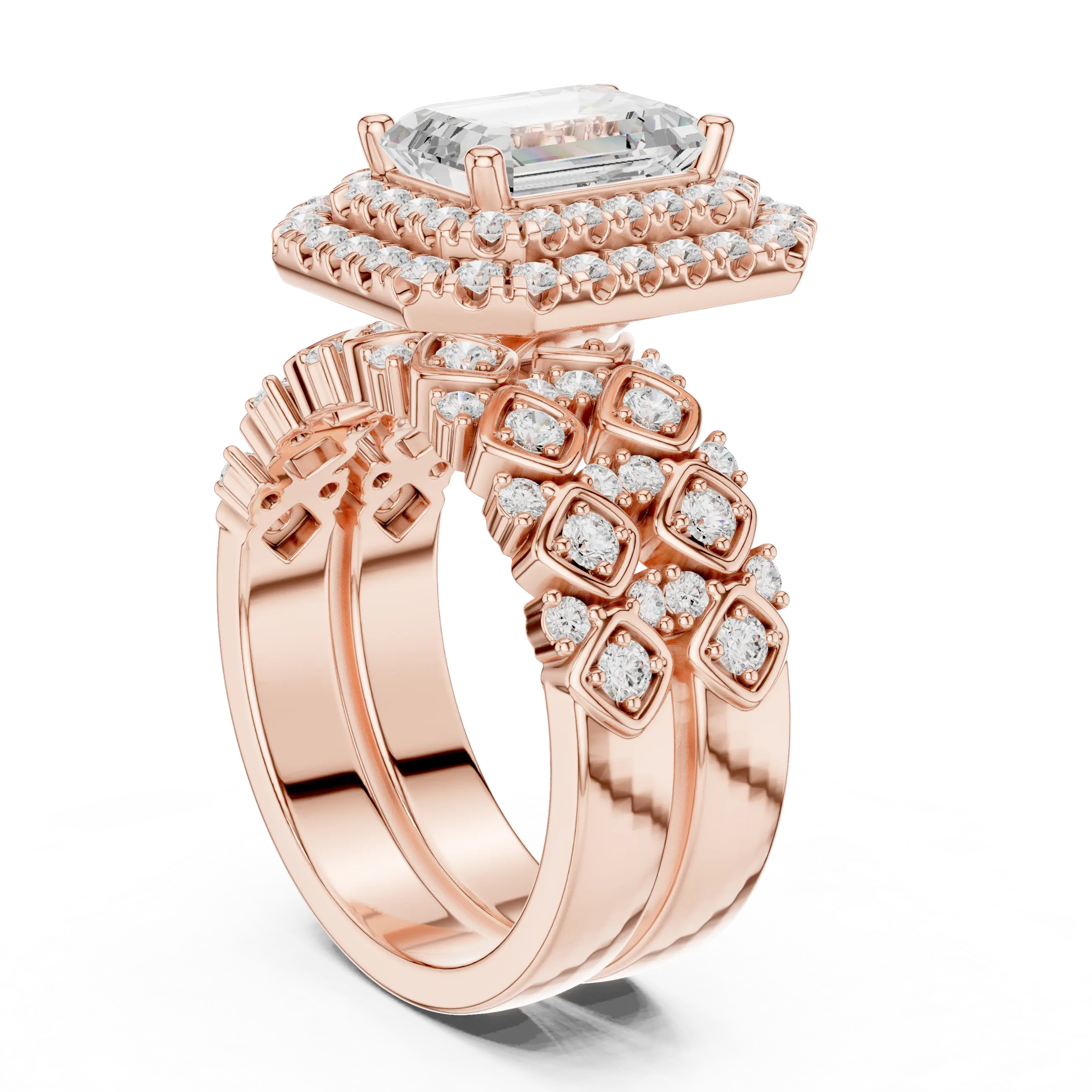 MJA018 - Emerald Cut Vintage-Inspired Double Halo Bridal Set