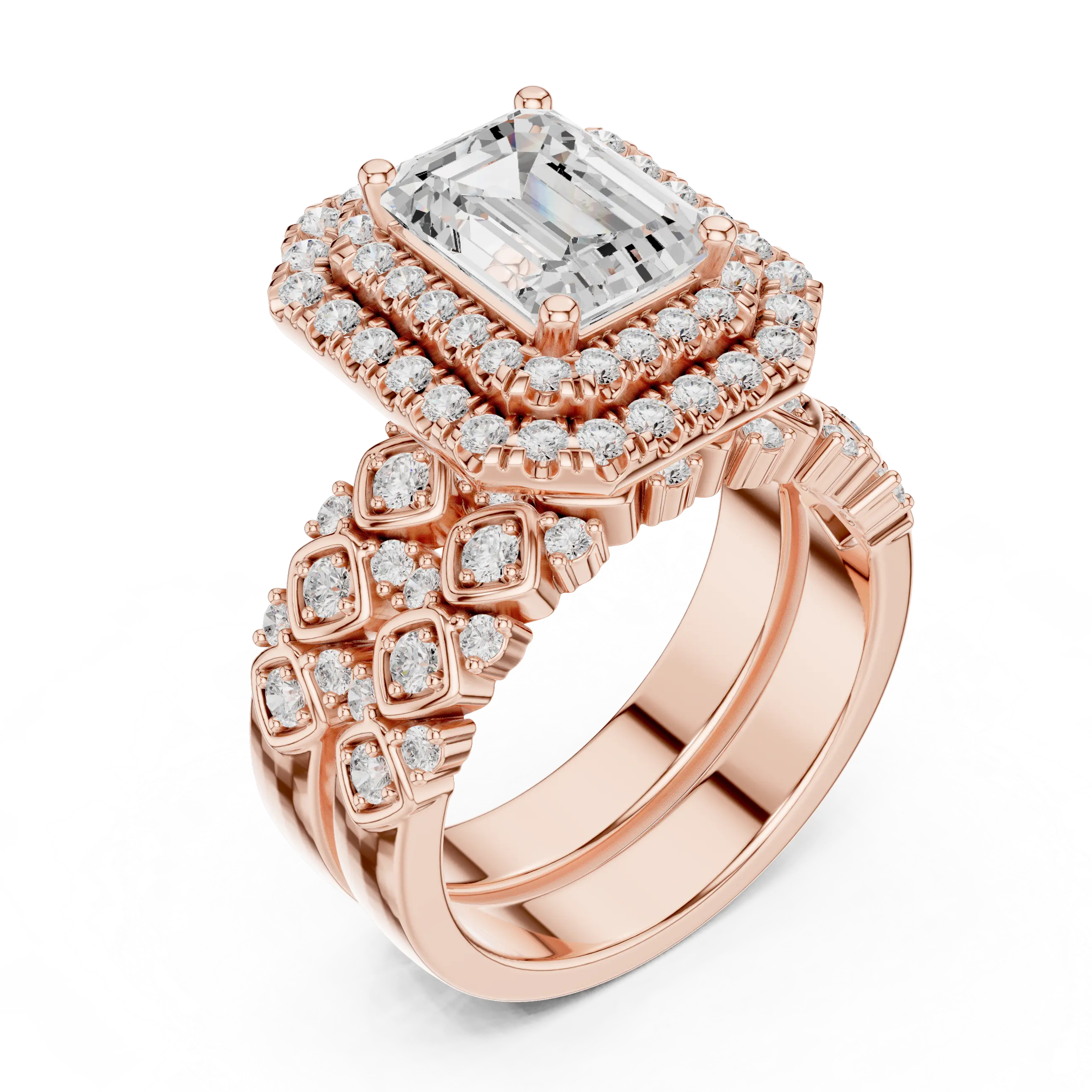 MJA018 - Emerald Cut Vintage-Inspired Double Halo Bridal Set