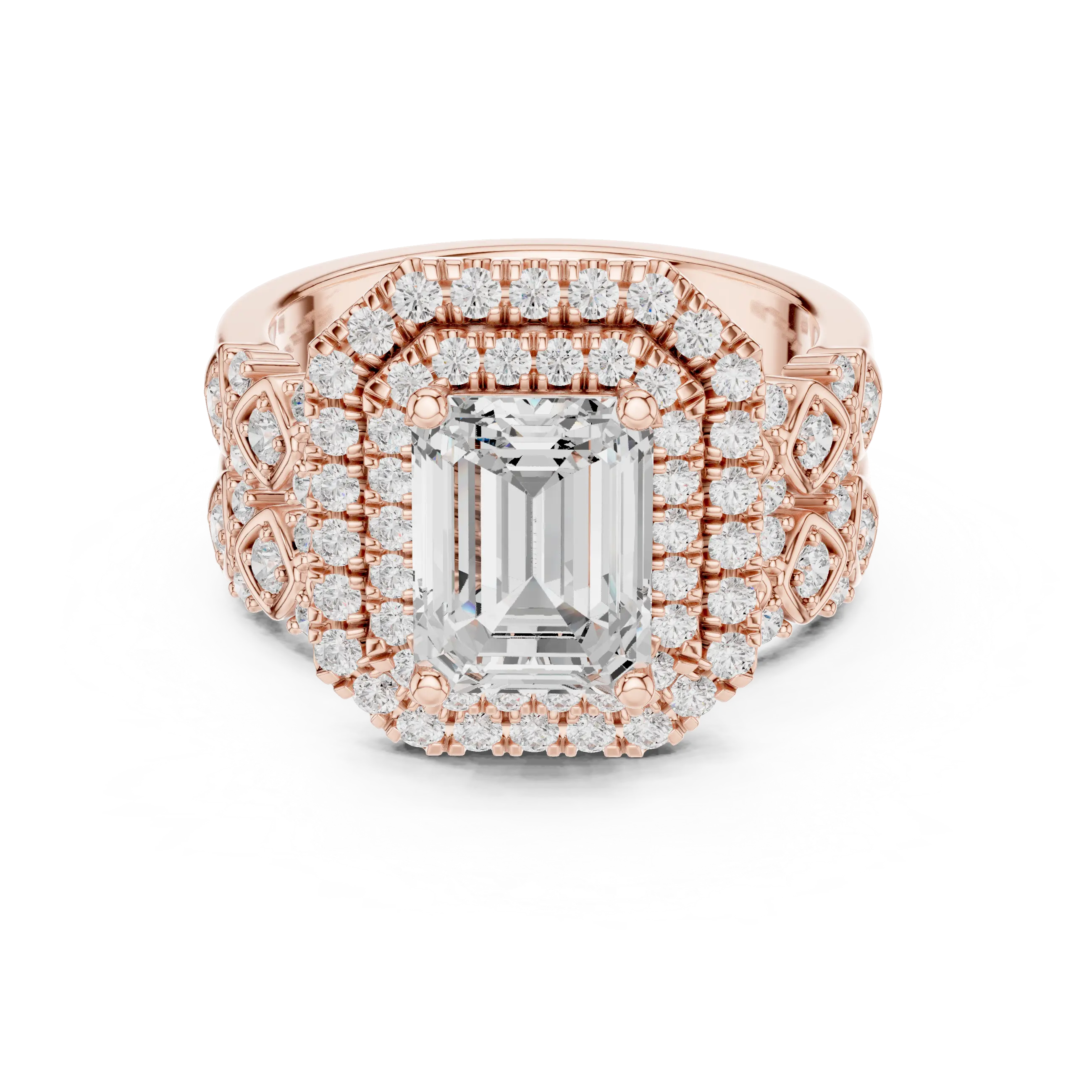 MJA018 - Emerald Cut Vintage-Inspired Double Halo Bridal Set