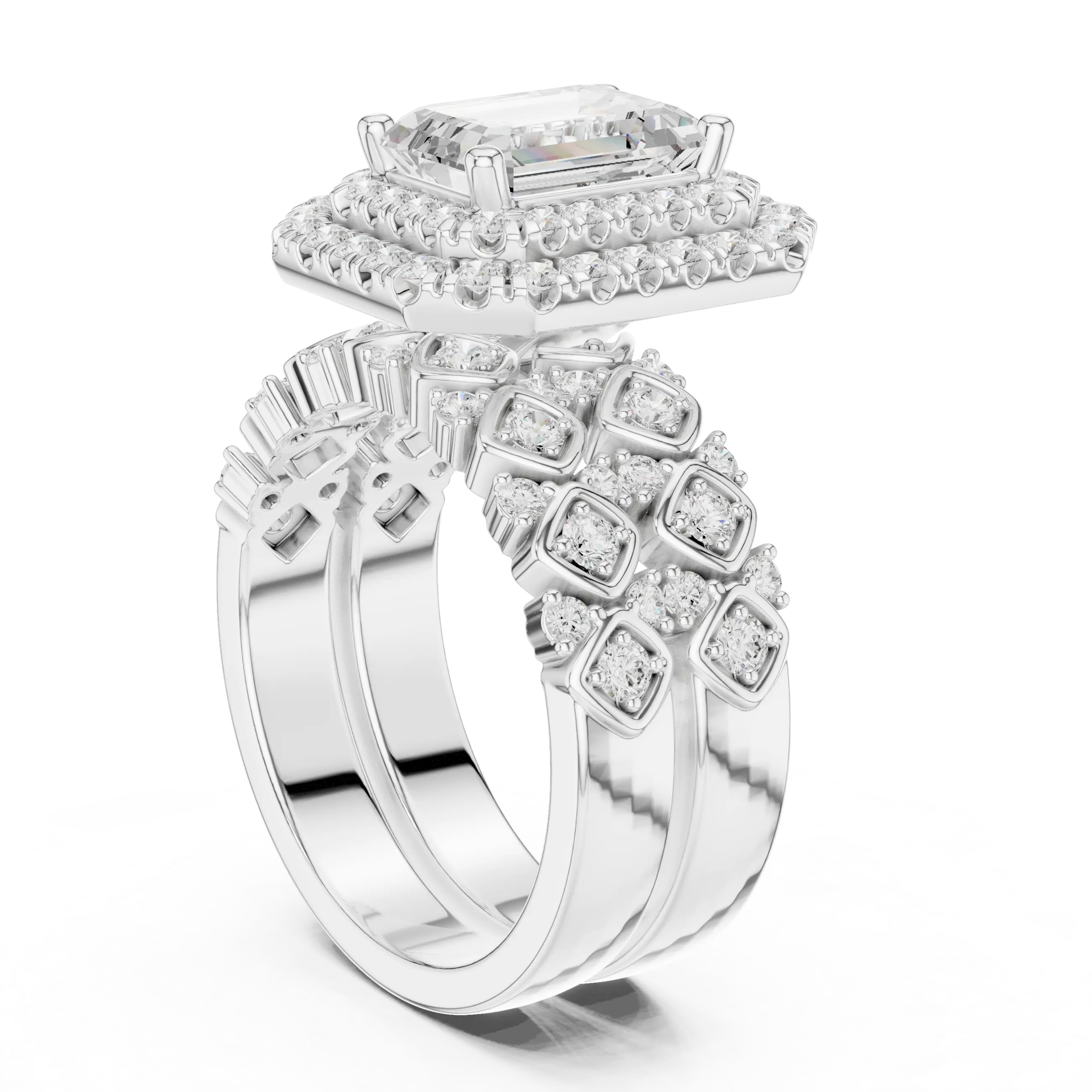 MJA018 - Emerald Cut Vintage-Inspired Double Halo Bridal Set