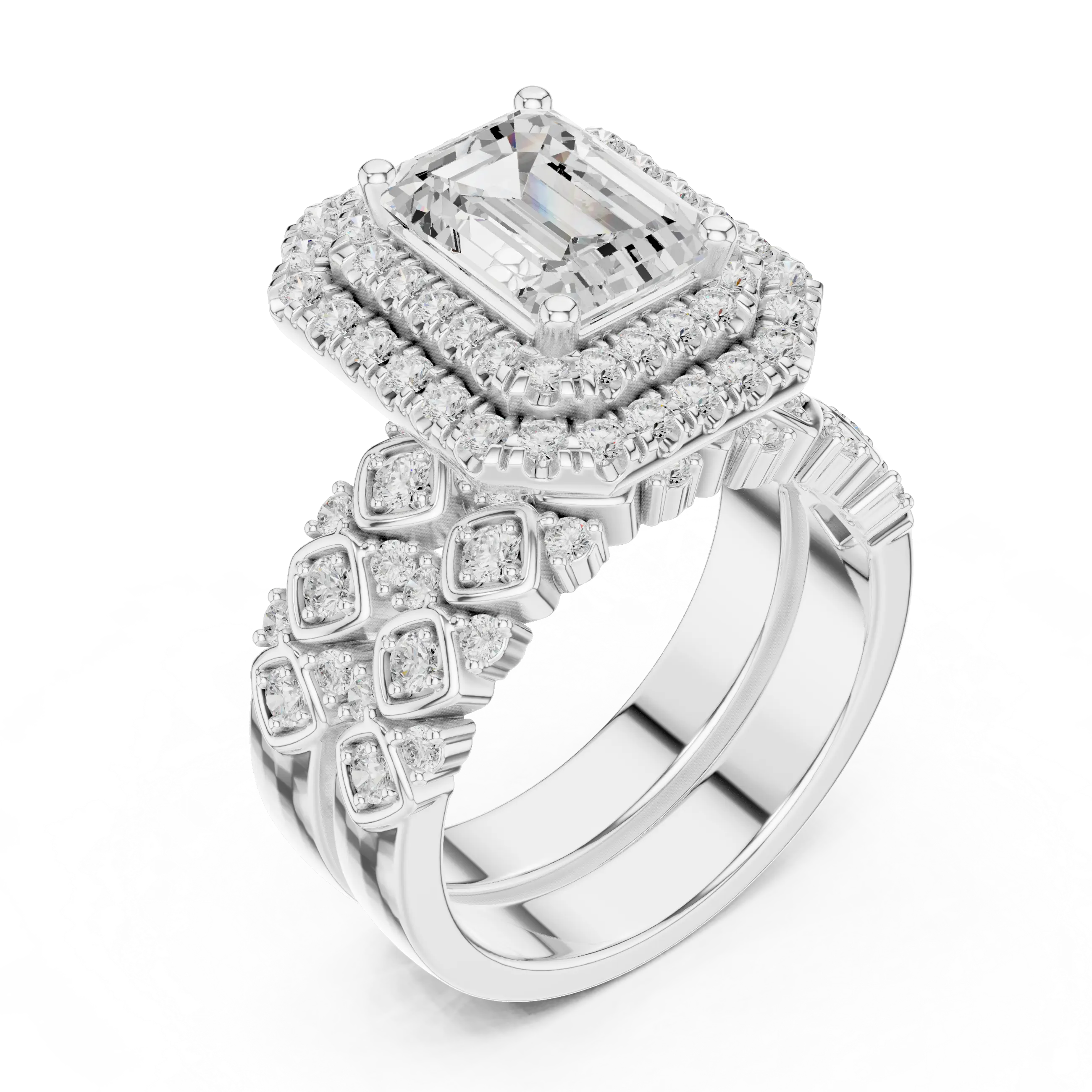 MJA018 - Emerald Cut Vintage-Inspired Double Halo Bridal Set