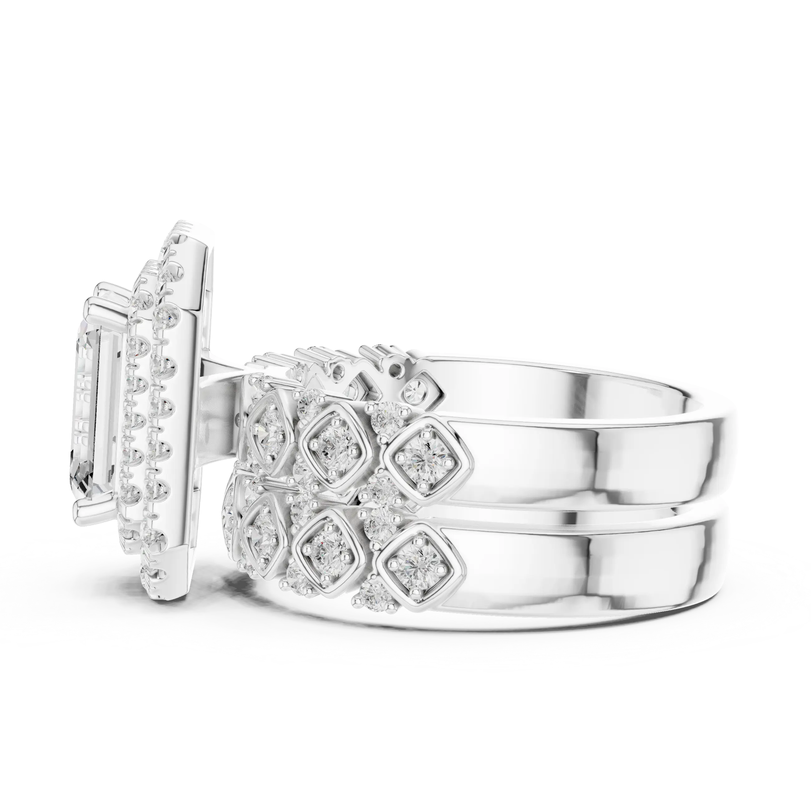 MJA018 - Emerald Cut Vintage-Inspired Double Halo Bridal Set