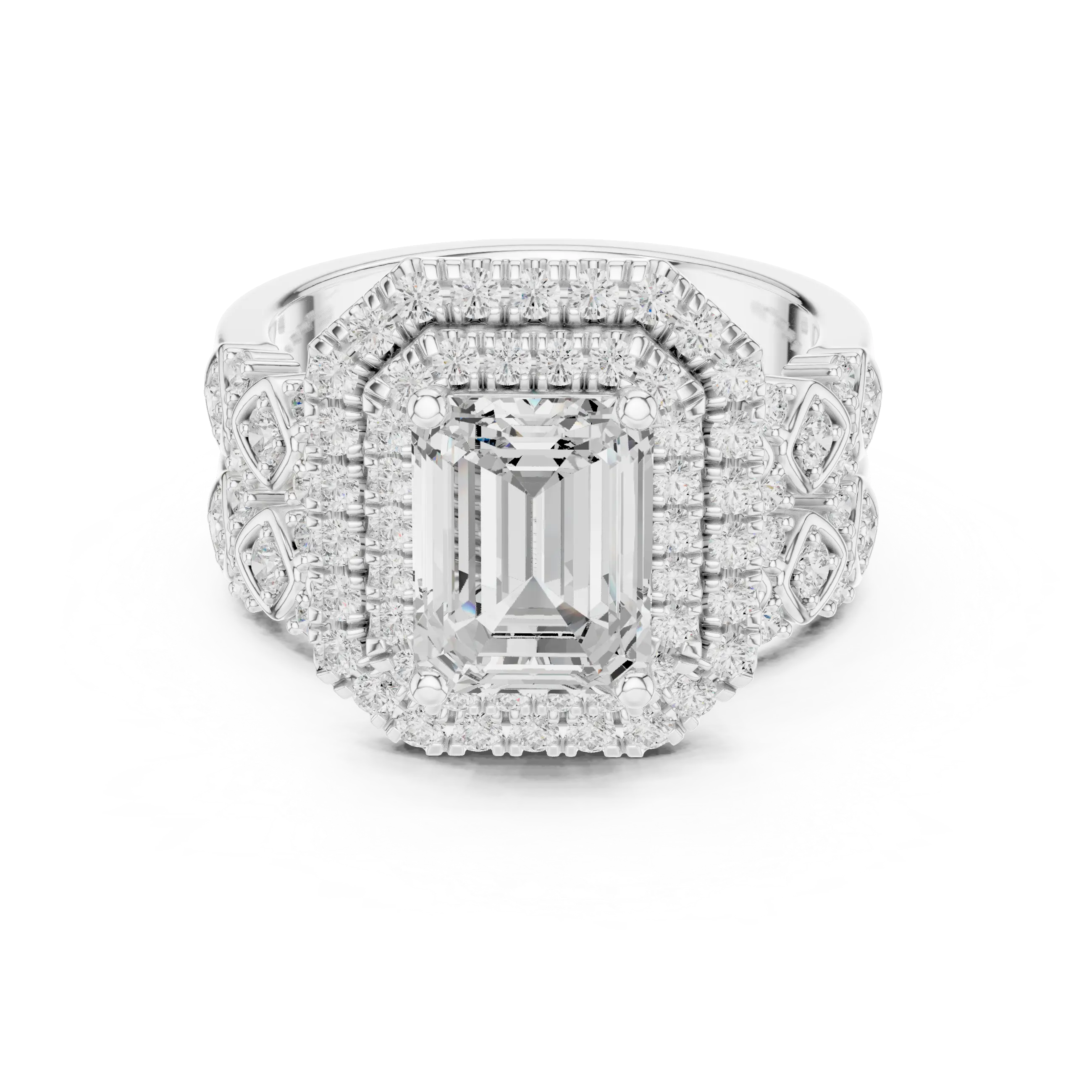 MJA018 - Emerald Cut Vintage-Inspired Double Halo Bridal Set
