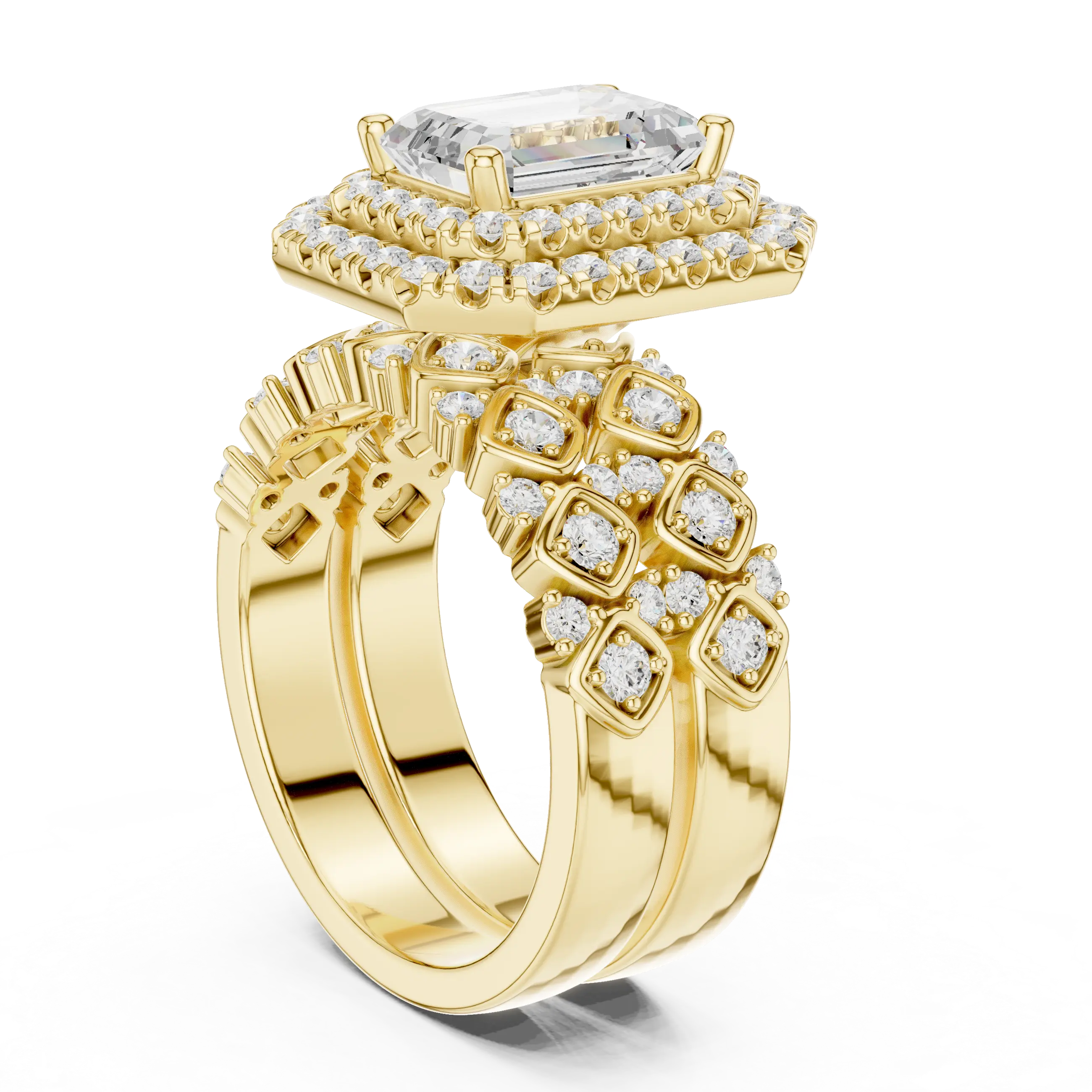 MJA018 - Emerald Cut Vintage-Inspired Double Halo Bridal Set