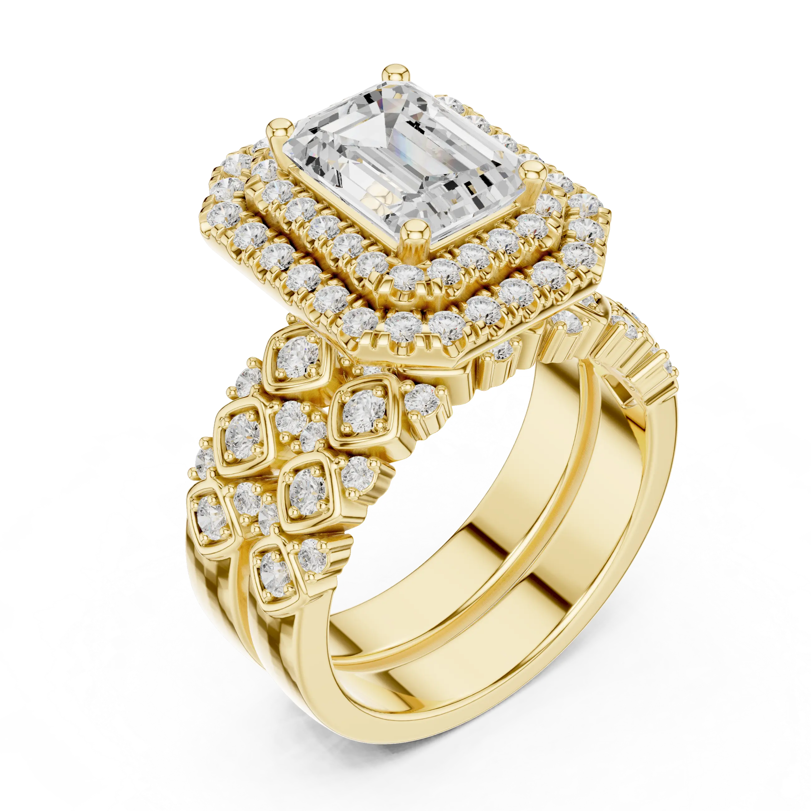 MJA018 - Emerald Cut Vintage-Inspired Double Halo Bridal Set