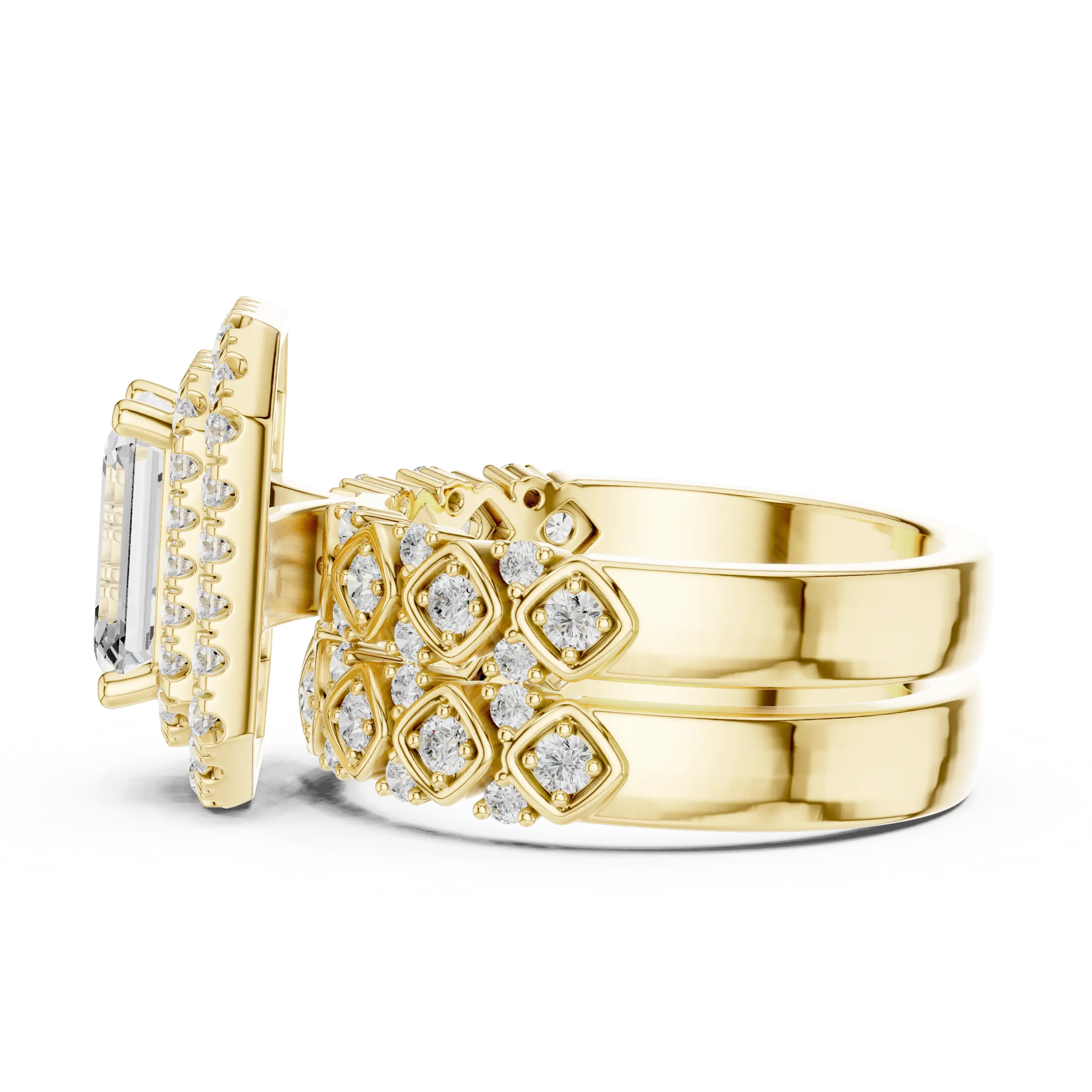 MJA018 - Emerald Cut Vintage-Inspired Double Halo Bridal Set
