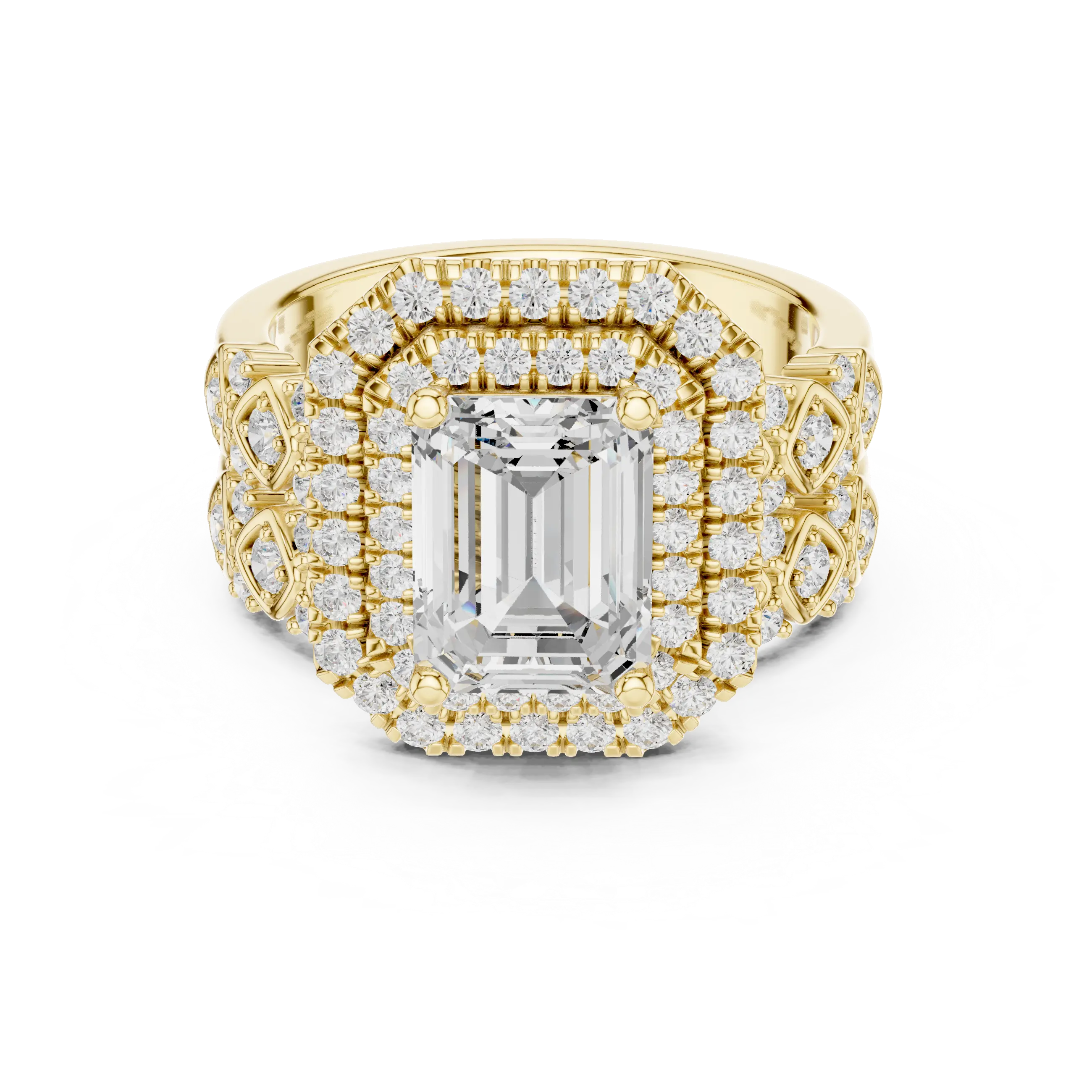MJA018 - Emerald Cut Vintage-Inspired Double Halo Bridal Set