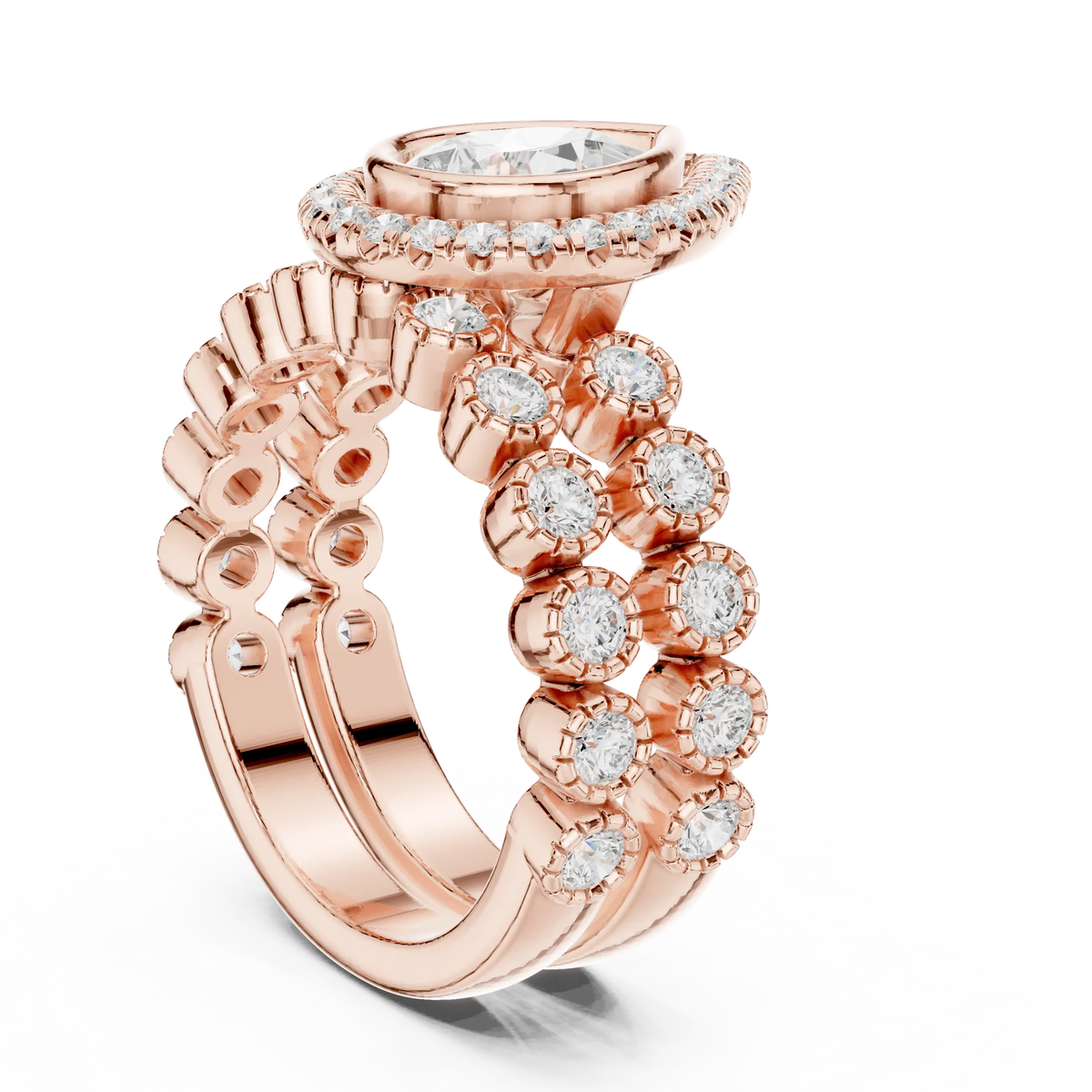 2.04 Cts Lab Grown Diamond Pear Shape Bezel Halo Stack Ring with Milgrain Clusters