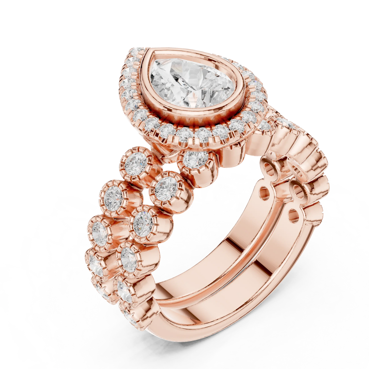 2.04 Cts Lab Grown Diamond Pear Shape Bezel Halo Stack Ring with Milgrain Clusters